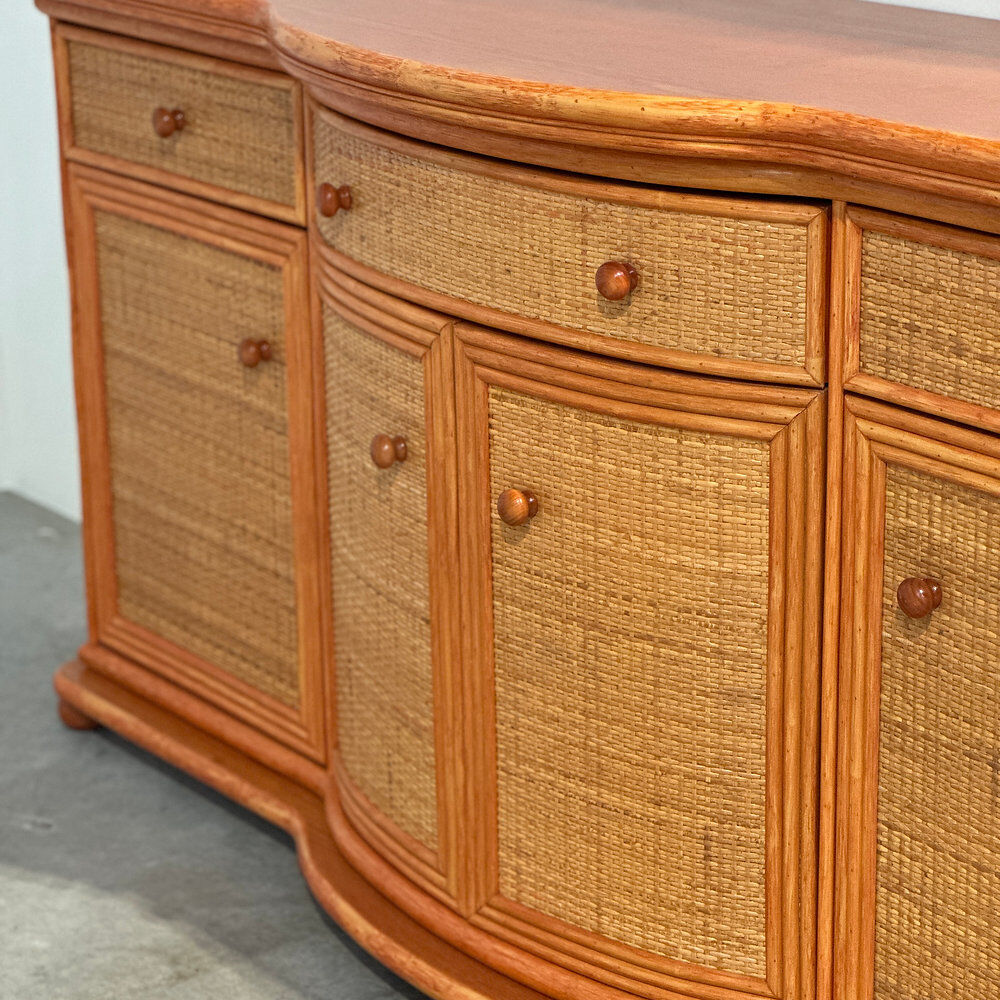 Vintage rattan & wood orange curved sideboard, 1980s
