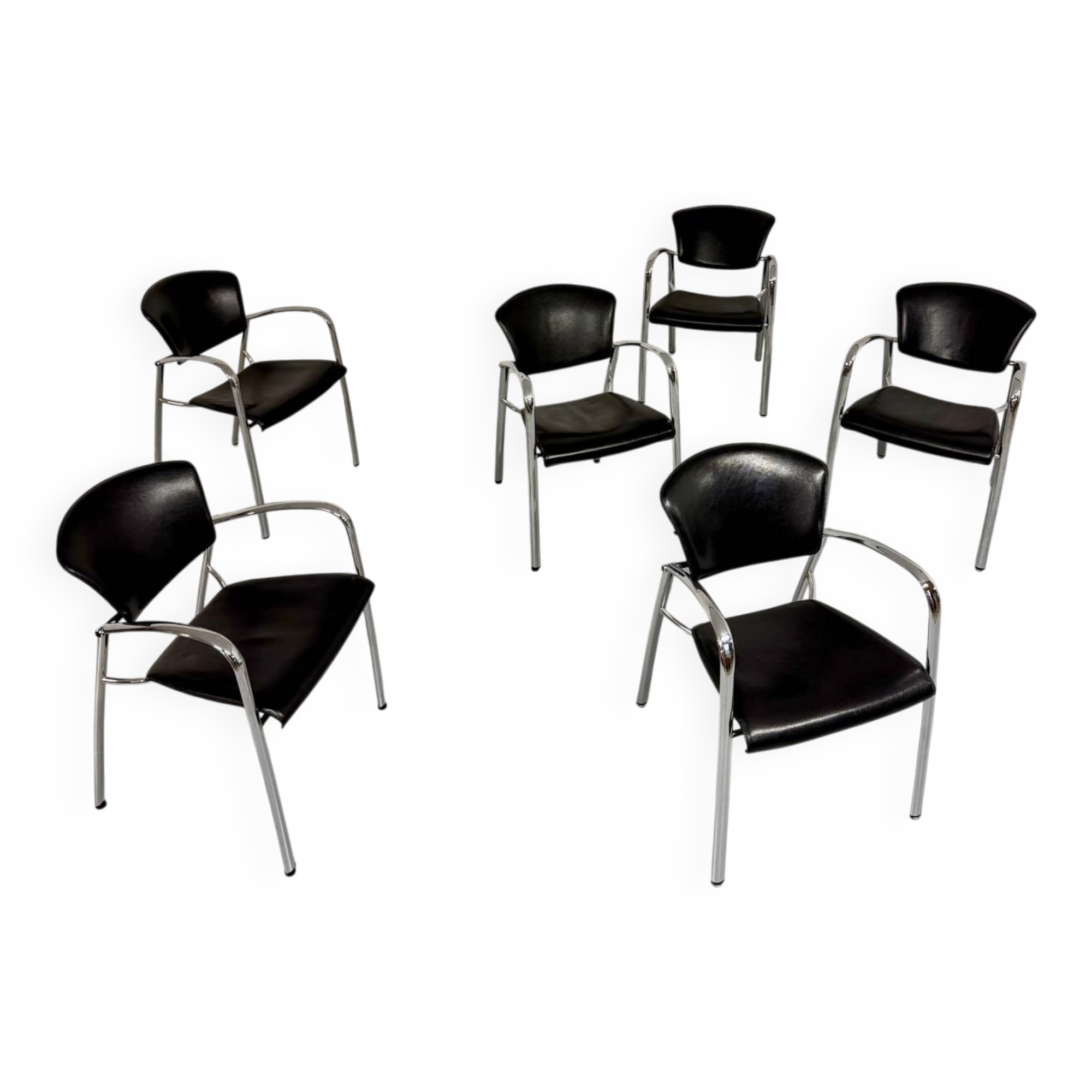 6 black leather and chrome metal chairs Brayton International vintage sa
