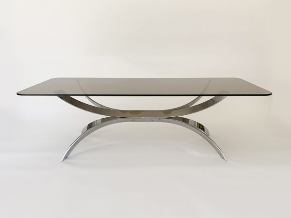 Table de café vintage chromée avec plateau en verre fumé, années 1970
