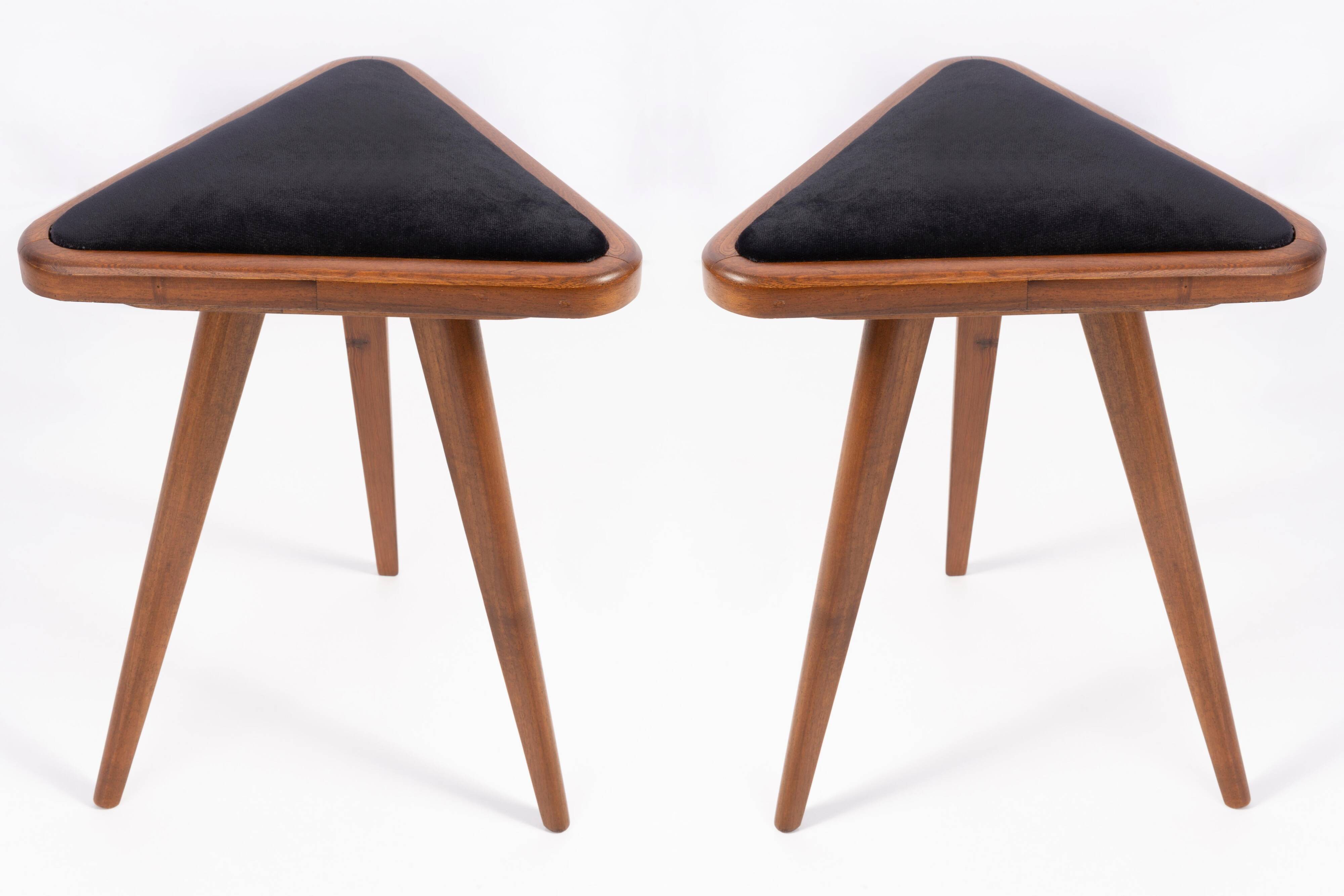 Set of two triangular black velvet stools from the 20th century, Europe, 1960s.