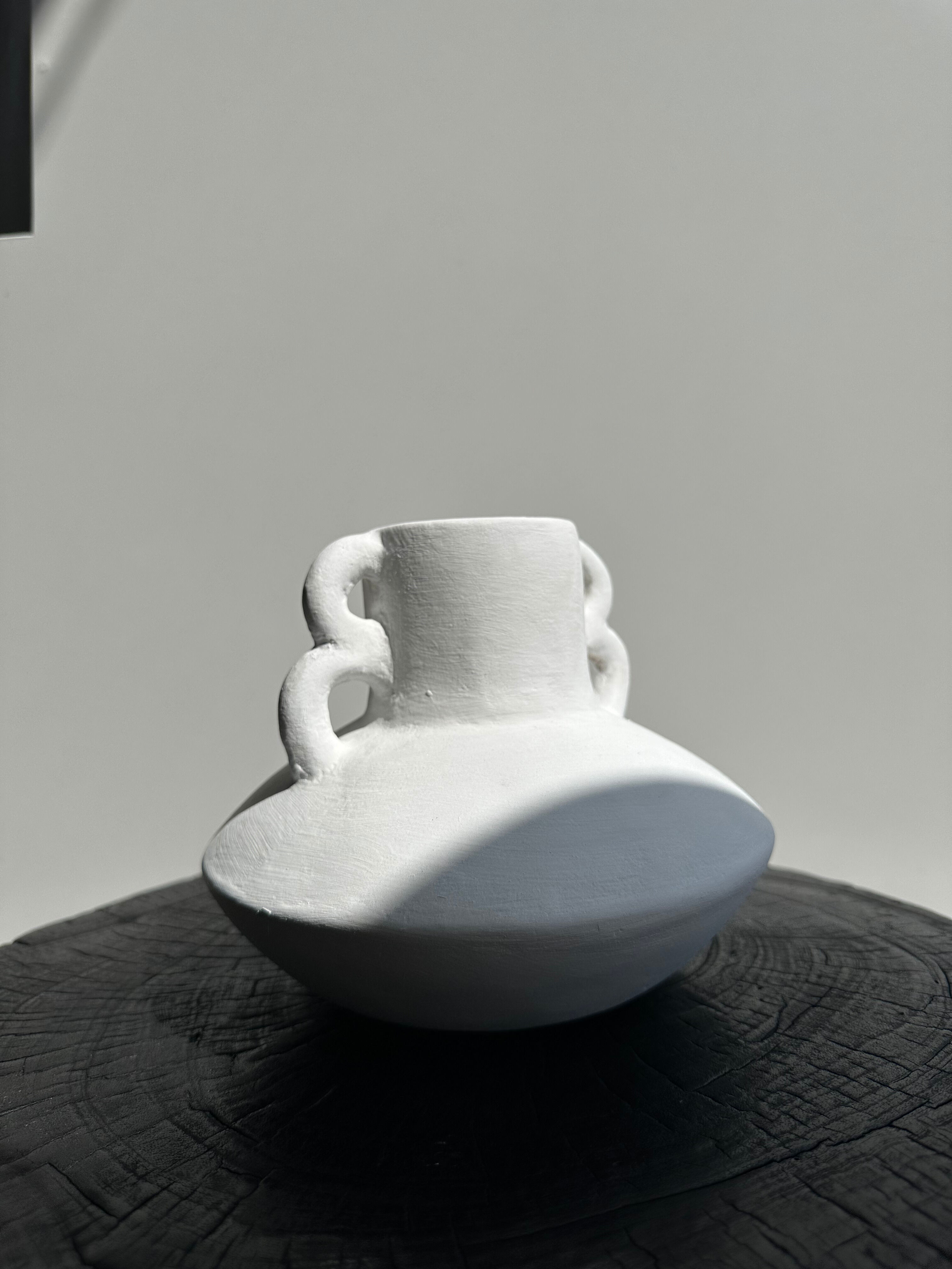 Handmade terracotta vase painted white with double handles H:16 D:20