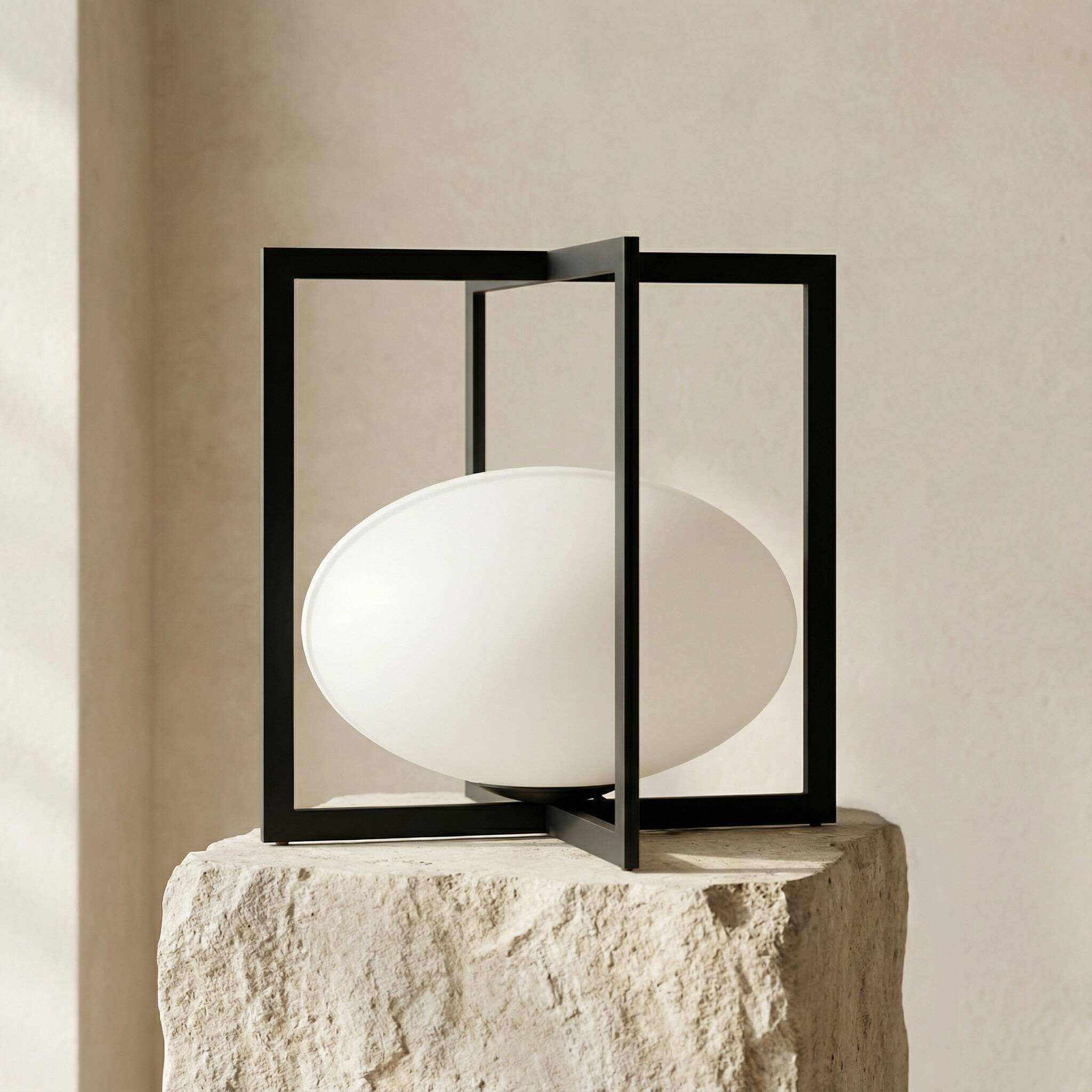 Minimalist Cube Table Lamp Black Metal Opal Glass Geometric European 1970s