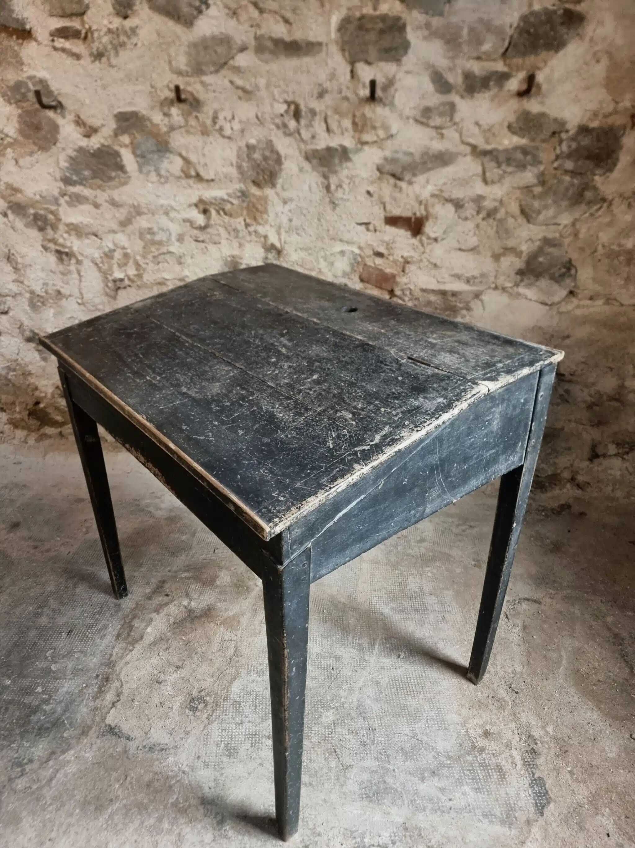 Bureau d'école français ancien, bureau d'écriture noir, bureau à abattant, vers 1900