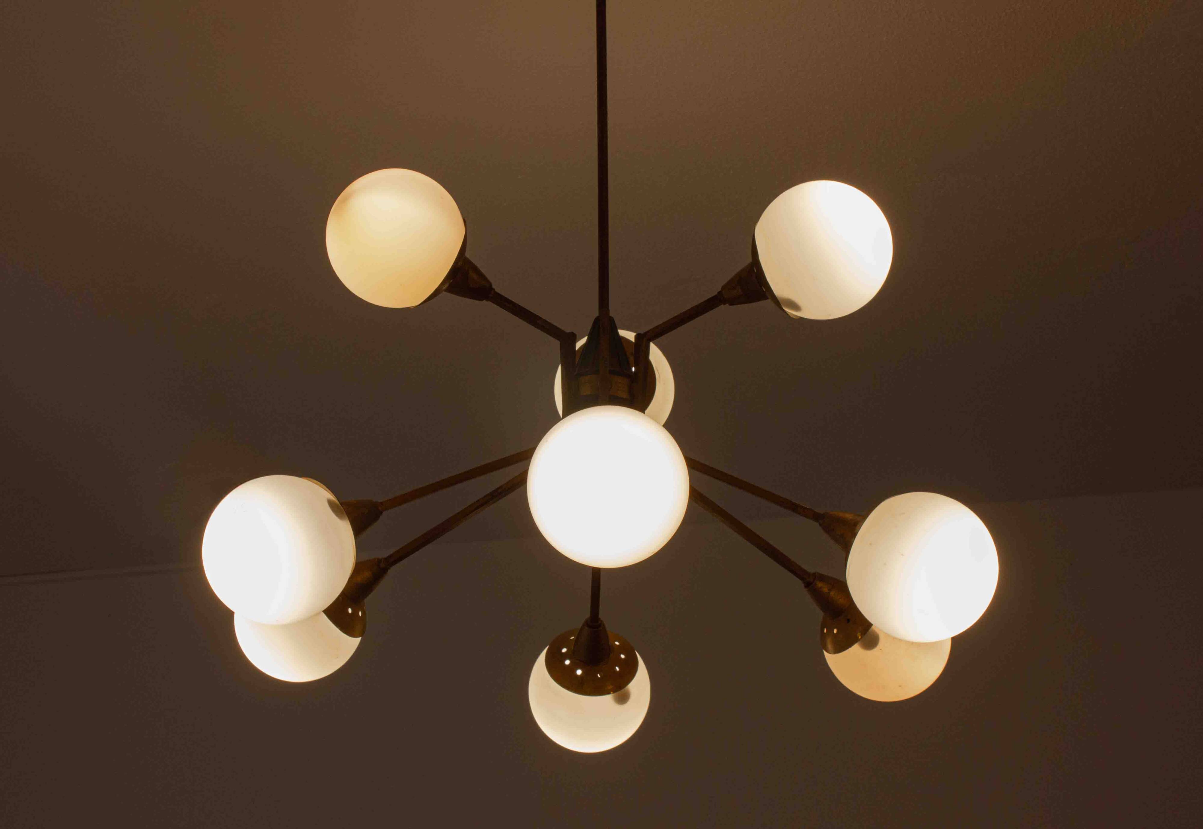 Impressive brass chandelier with opaline globes, Italy 1960s