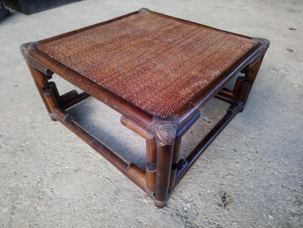 Table basse rotin carrée vintage 1970