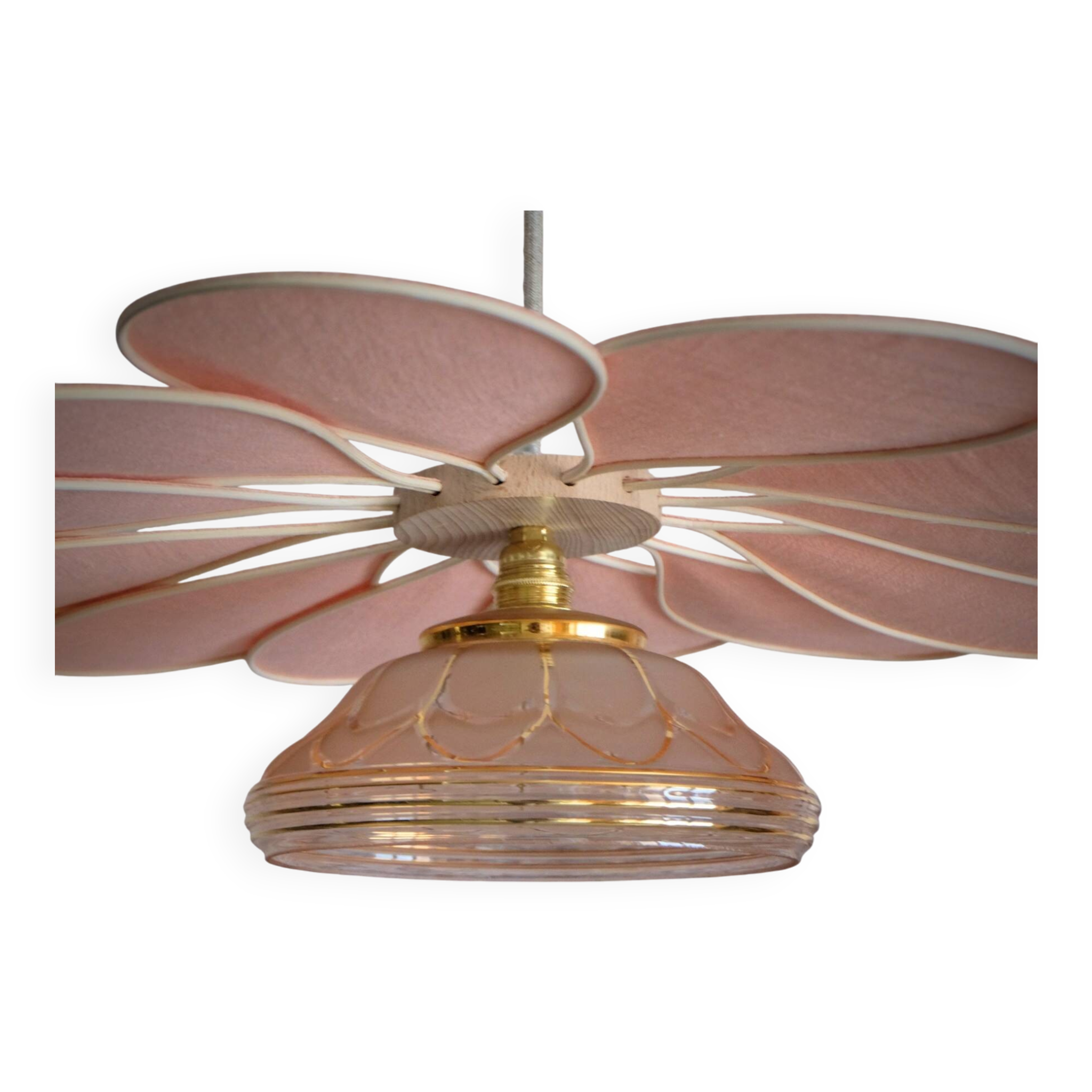 Pink Rattan and Linen Flower Pendant Light and Vintage Pink Translucent Globe