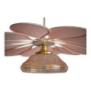 Pink Rattan and Linen Flower Pendant Light and Vintage Pink Translucent Globe