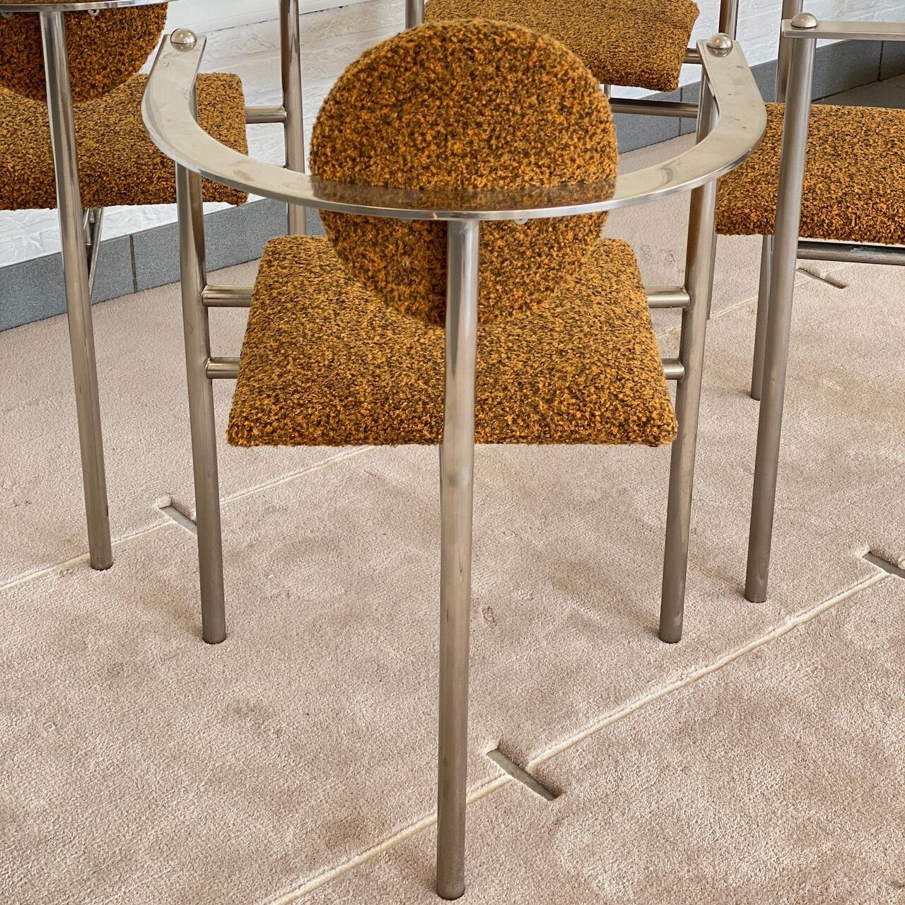Set of 4 Belgo Chrom steel armchairs with bouclé