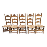 Set of 5 or 4 chic rustic traditional dining chairs with rush seats.