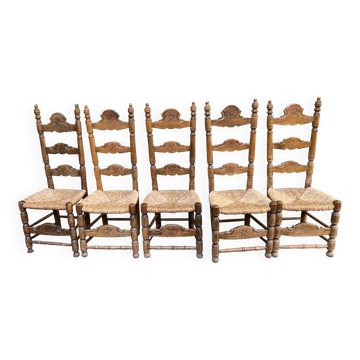 Set of 5 or 4 chic rustic traditional dining chairs with rush seats.