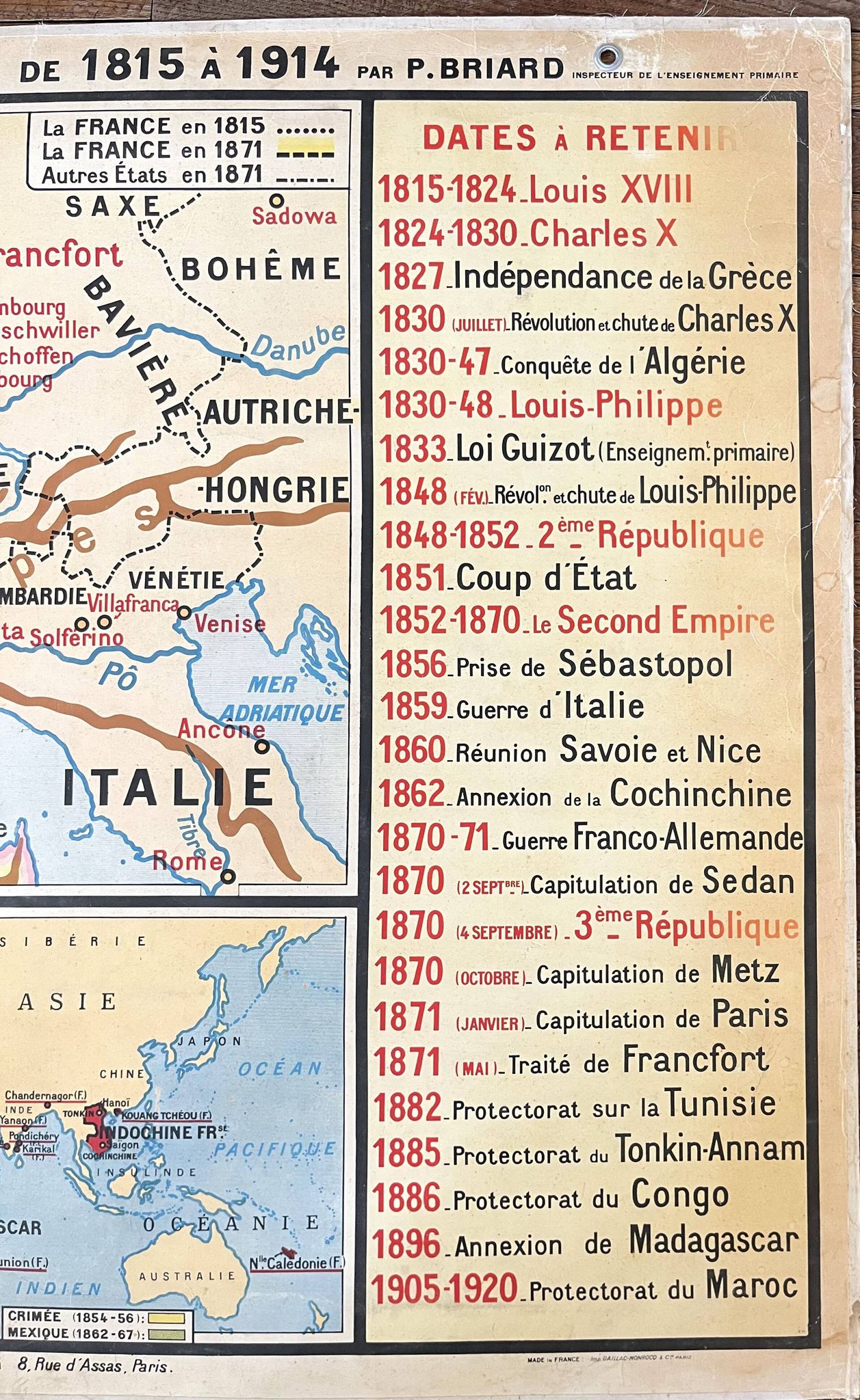 Old school map Hatier Briard 63, 1950 - France 1815 to 1914 (Rep