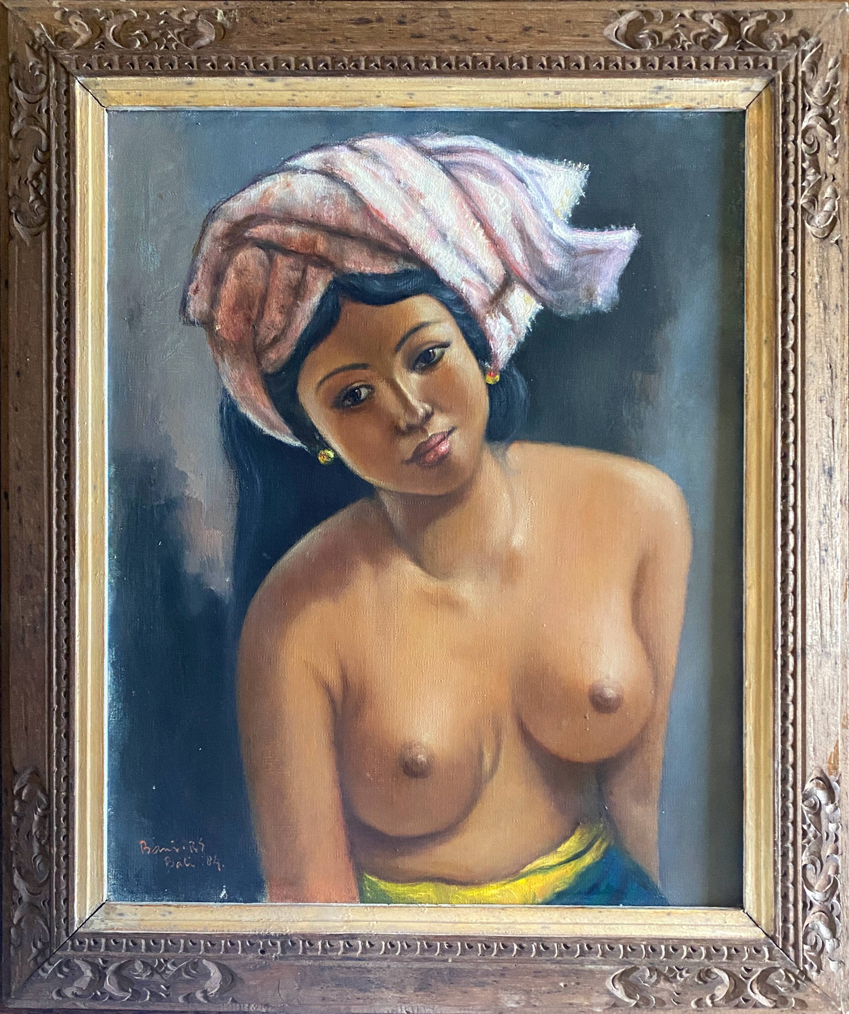 Orientalist painting Bali "Femme dêvetue" signed and dated 1984 with frame