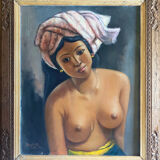 Orientalist painting Bali "Femme dêvetue" signed and dated 1984 with frame