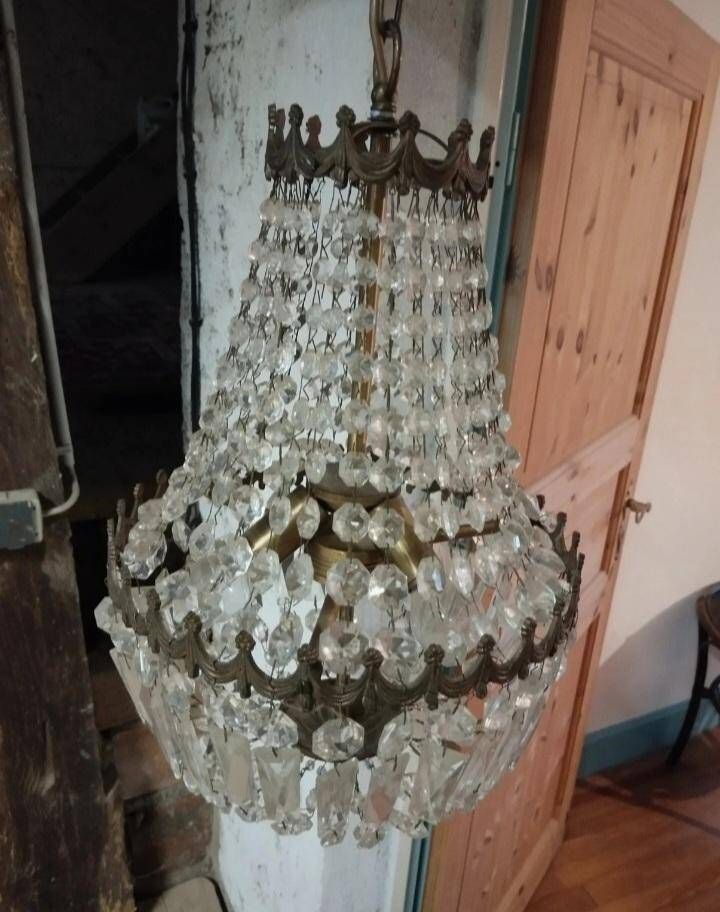 Lustre montgolfiere 3 feux bronze pampille cristal