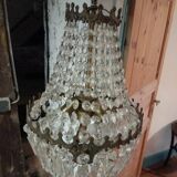 Lustre montgolfiere 3 feux bronze pampille cristal