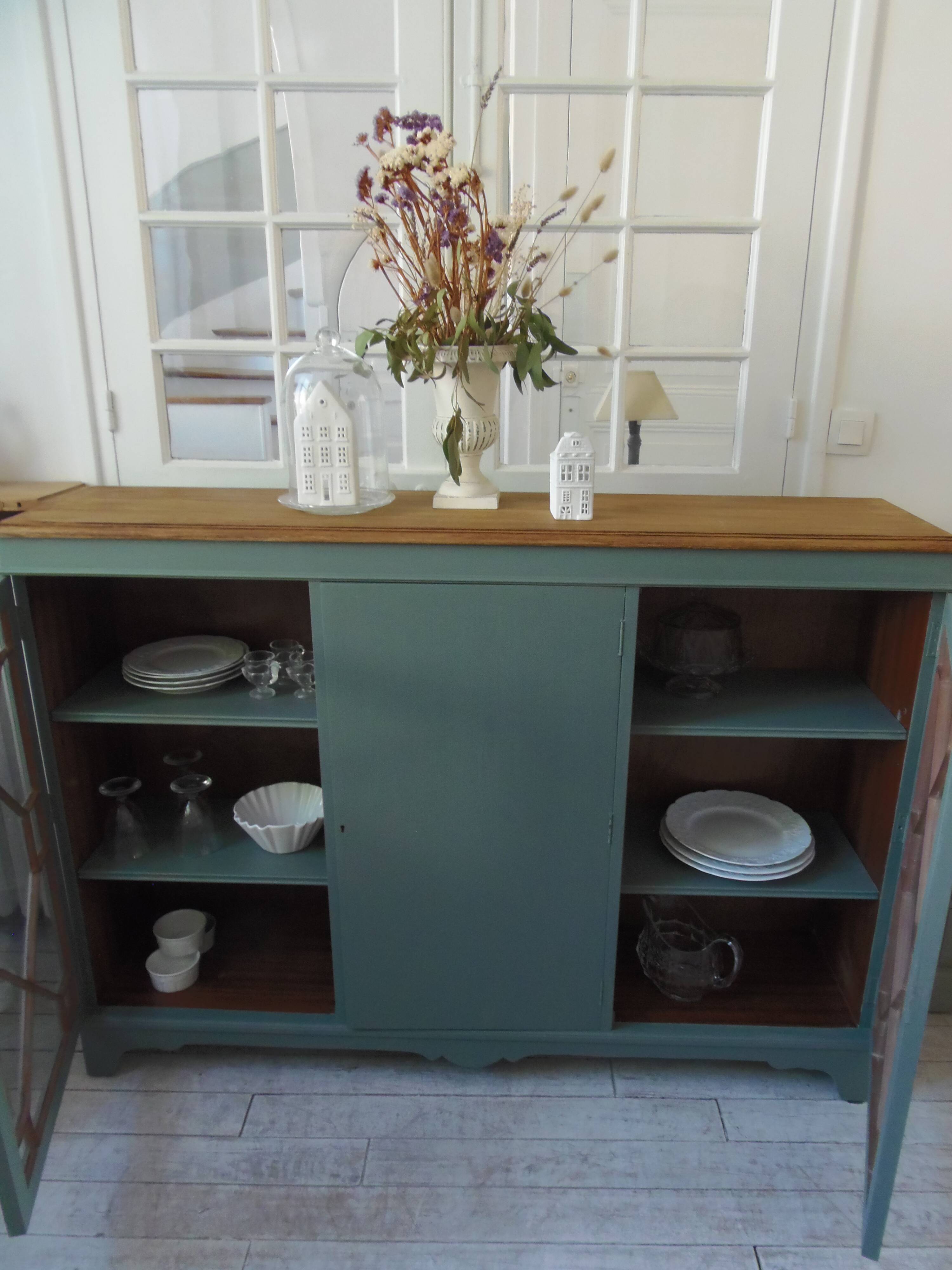 English sideboard, shallow, smoky green, wooden top.