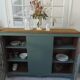 English sideboard, shallow, smoky green, wooden top.