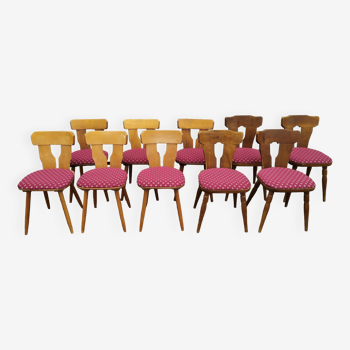 Set of 10 wooden bistro chairs with vintage cushion from the 70s/80s/90s