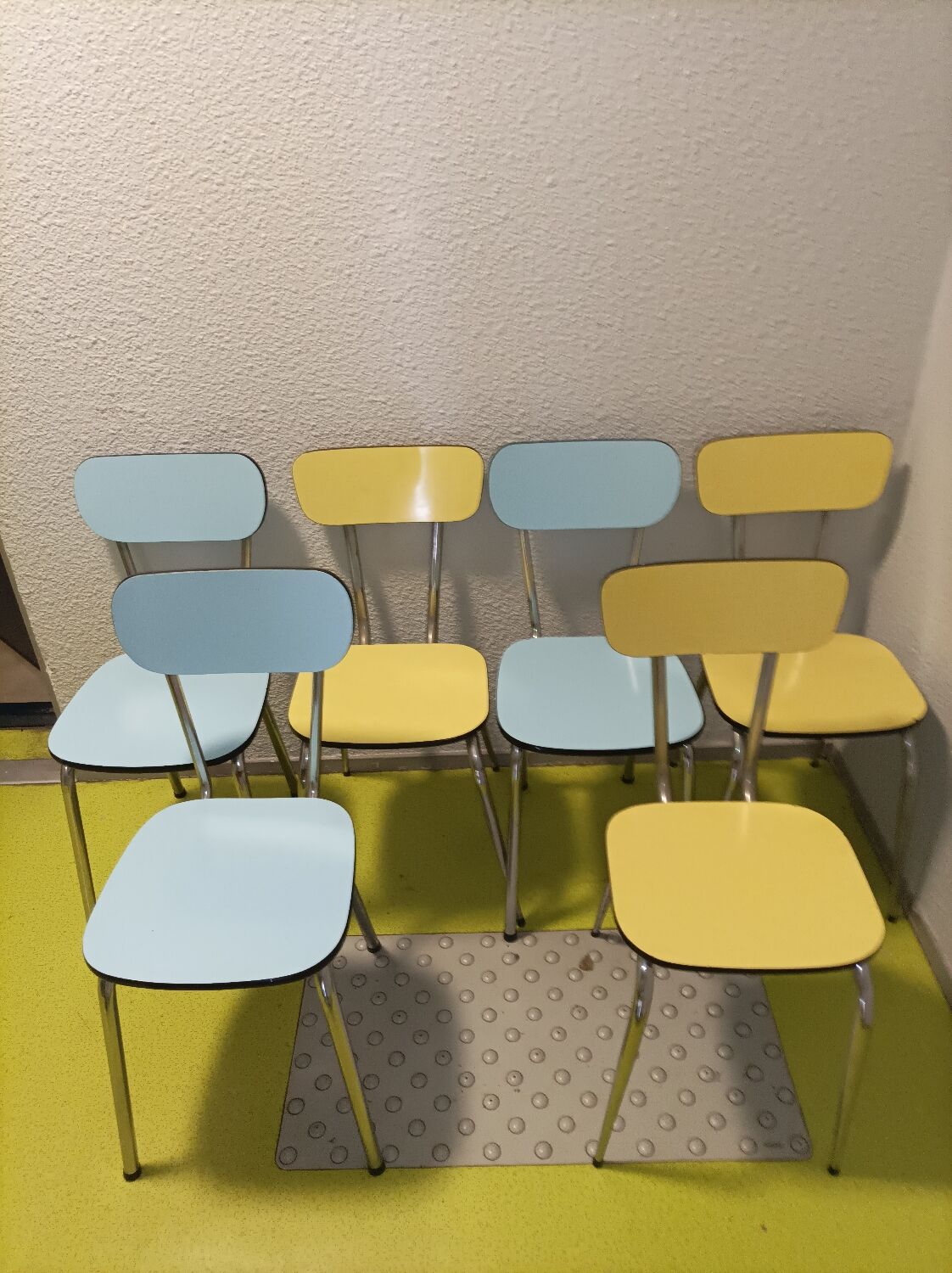 6 vintage formica blue yellow kitchen chairs