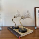 Pair of brass swan neck wall lights with transparent glass shades.