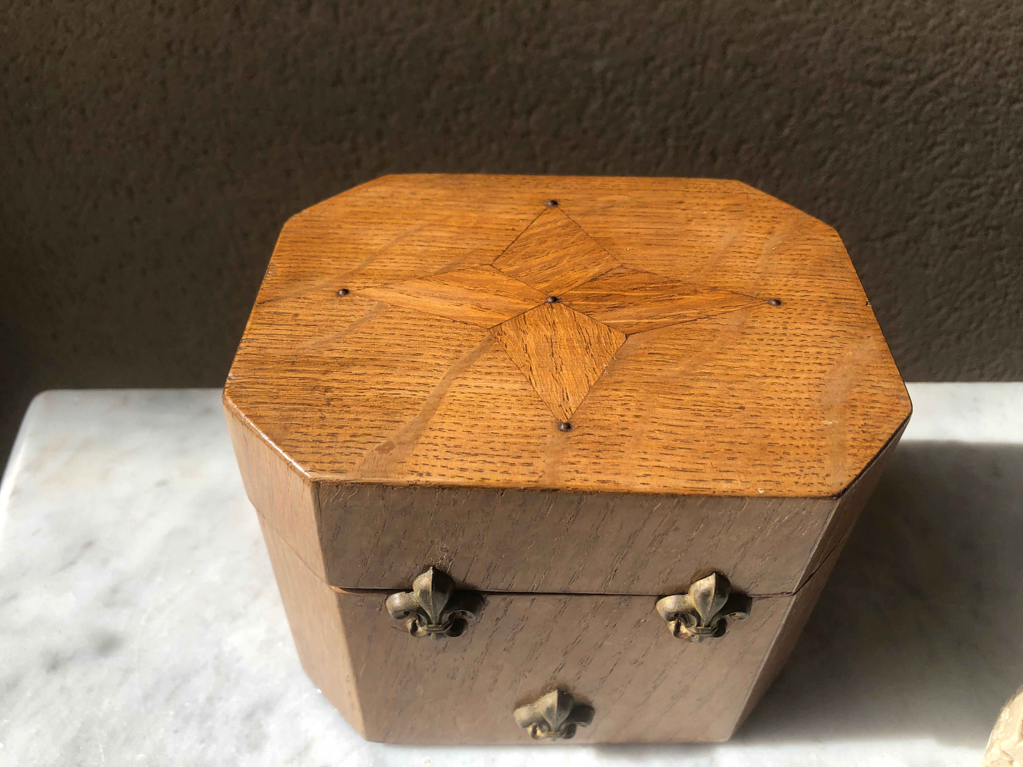 Jewelry box french craft work vintage 60 oak blond lily flower