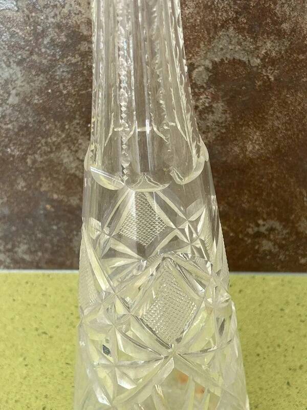 Long carafe with a cut Bohemian crystal stopper, design decor, 38.5 cm.