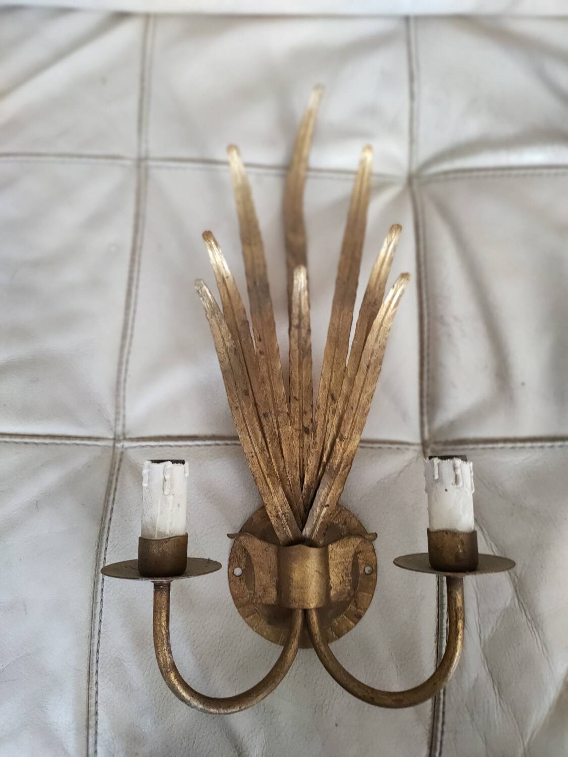 Pair of vintage wall lights, two golden arms, foliage