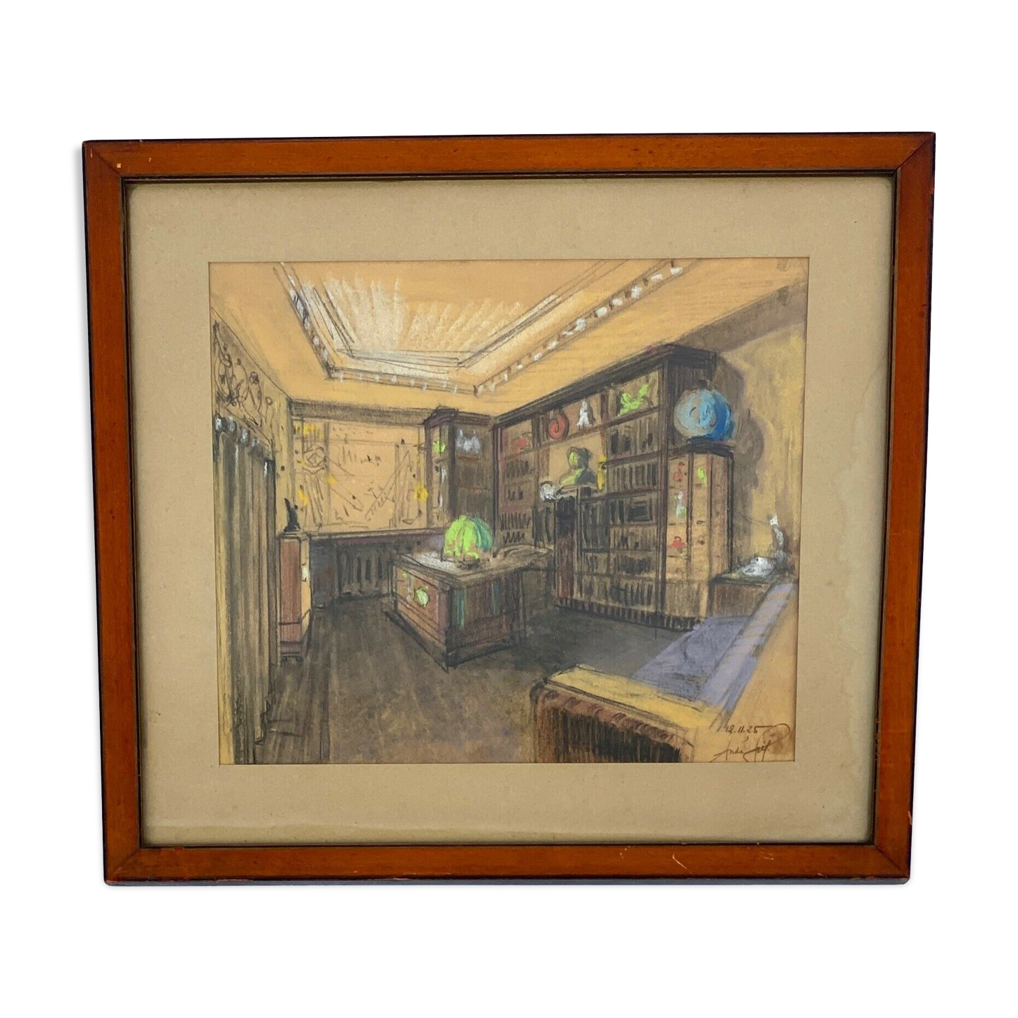 Watercolor sign andre brif or prif interior drawing library 1925