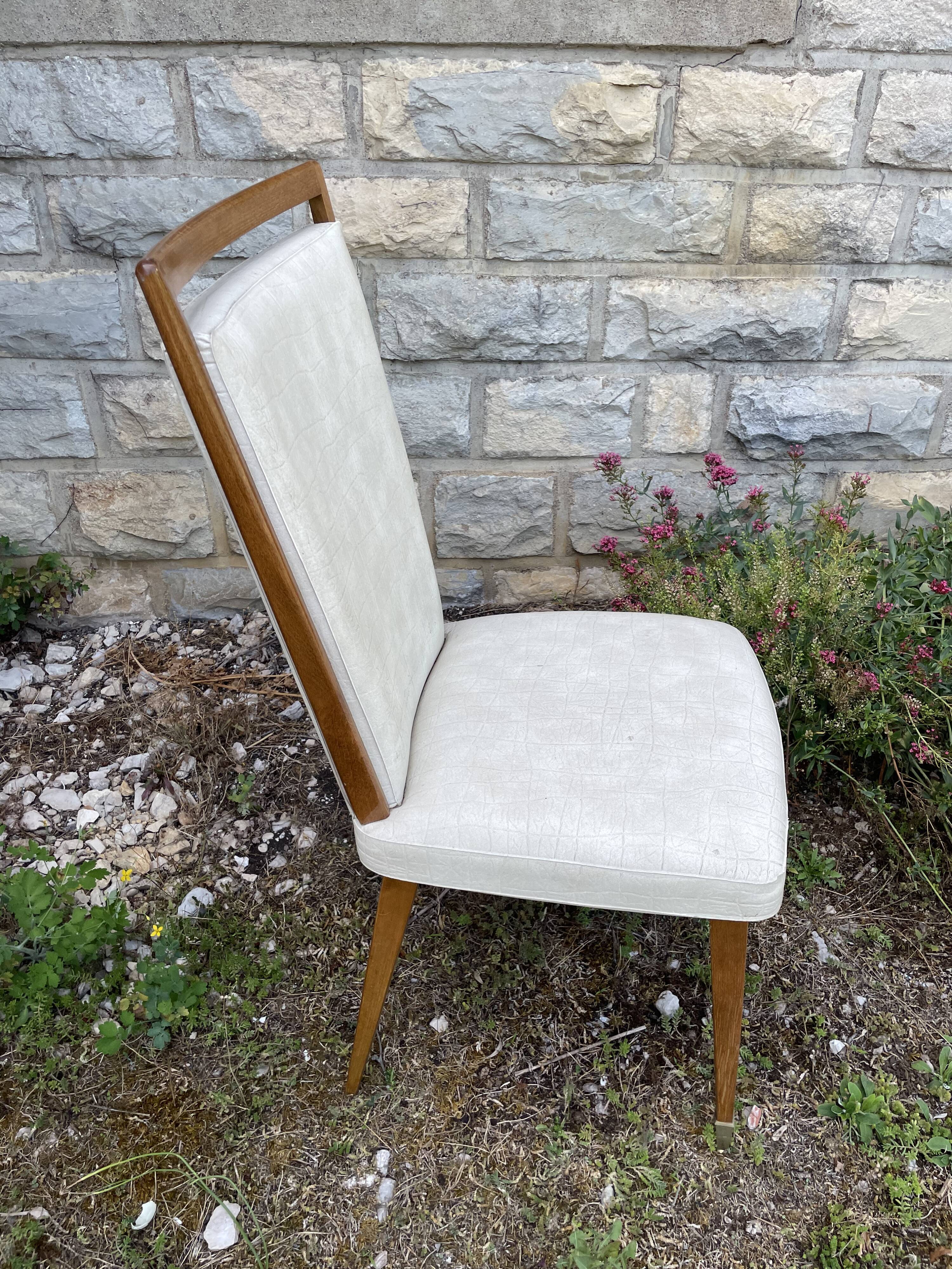 Chaise vintage Baumann cuir moucheté blanc gris