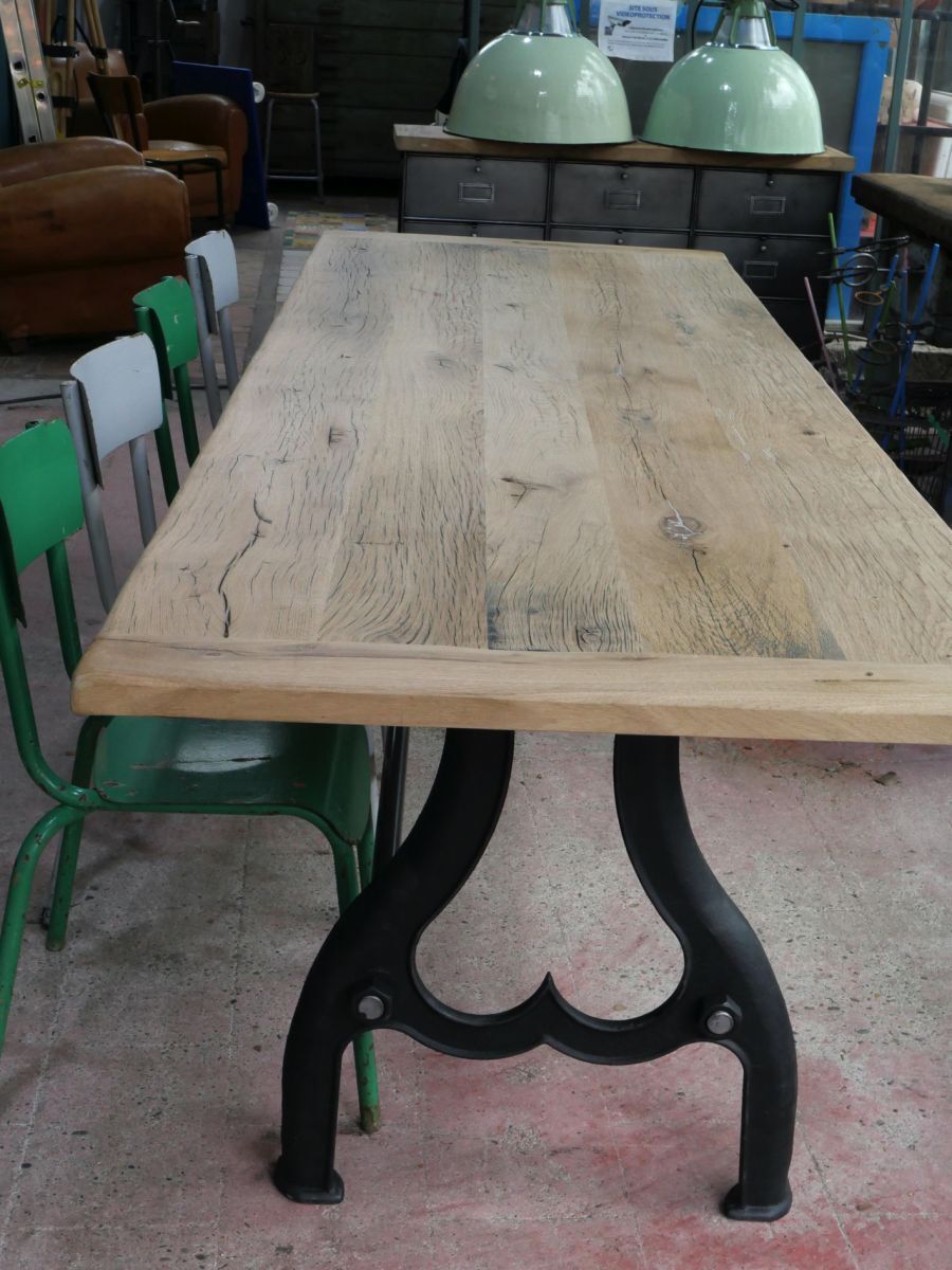 Industrial table solid oak tray and cast-iron footing