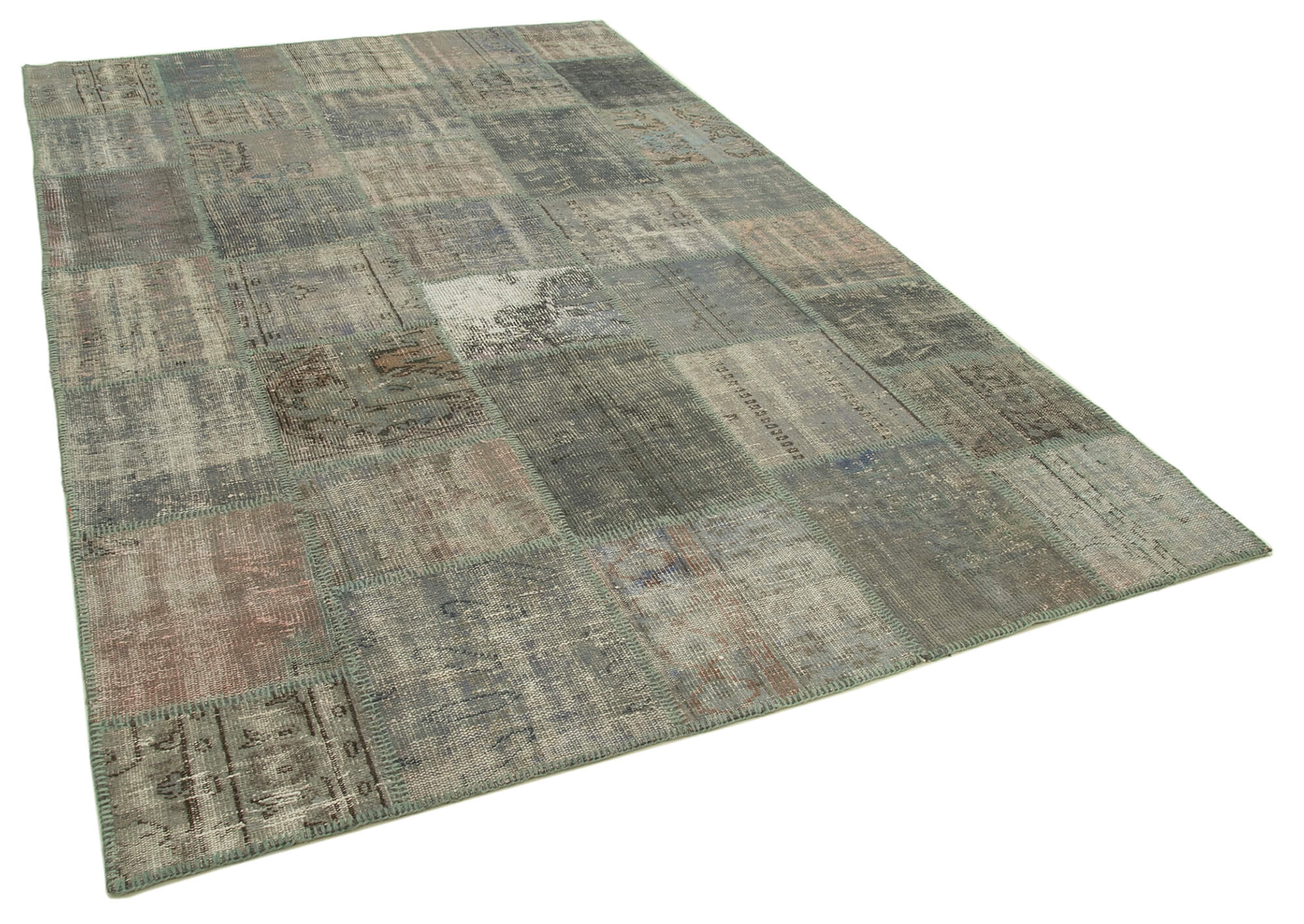 Hand-knotted anatolian contemporary 196 cm x 301 cm grey patchwork carpet