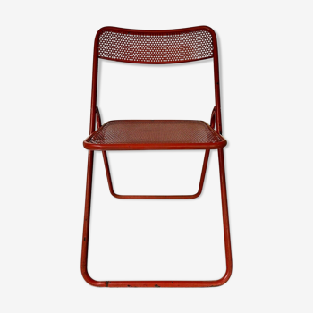 Old folding chair metal perforated red 60s, 70s, vintage