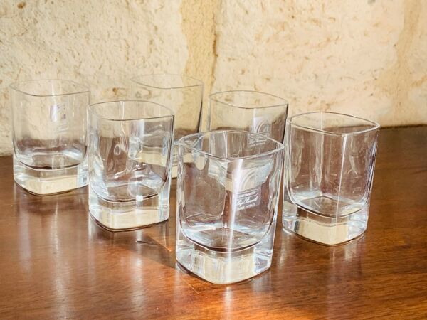 Ensemble, carafe à whisky vintage en cristal avec 6 verres, par Luigi Bormioli, circa 70’s