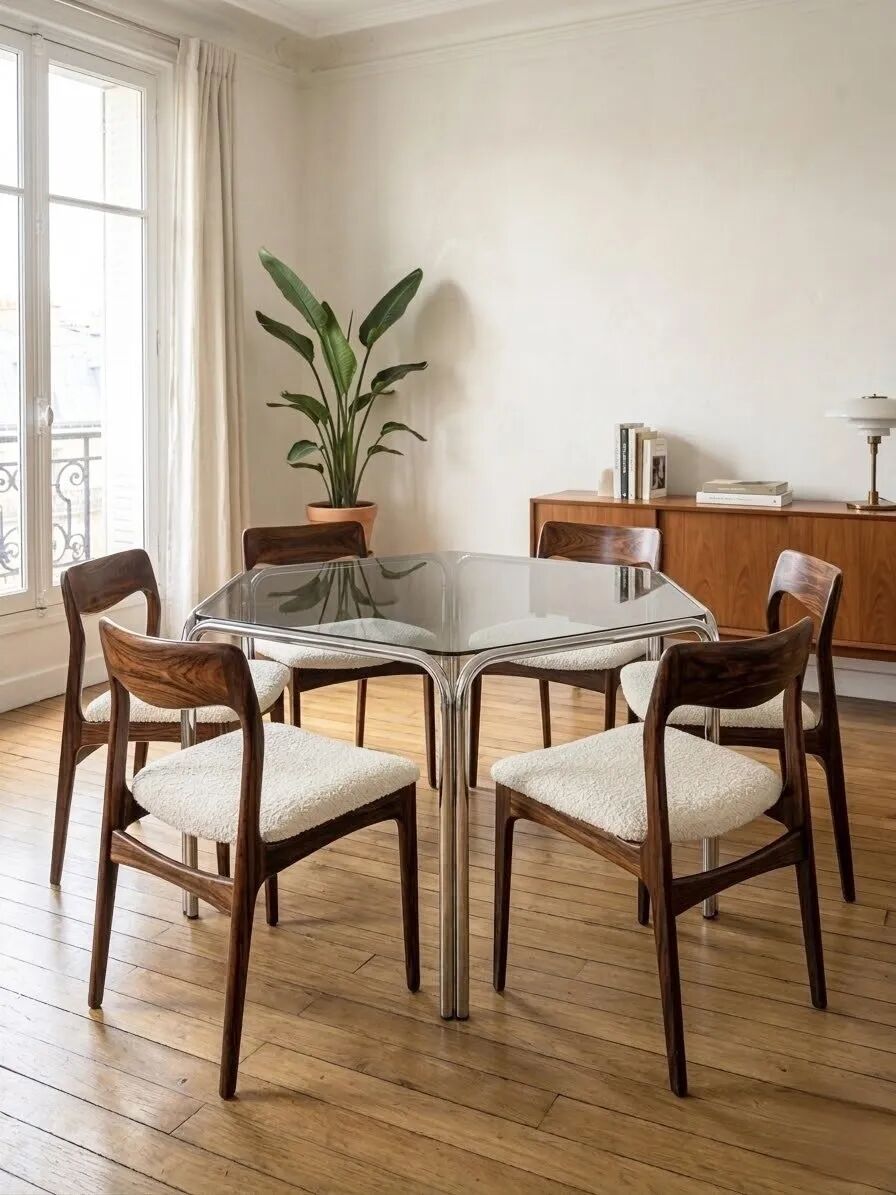 Vintage hexagonal table with smoked glass top and chrome metal structure.