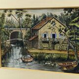 Gouache painting early 20th century Landscape at the mill and boat trip on the Marne