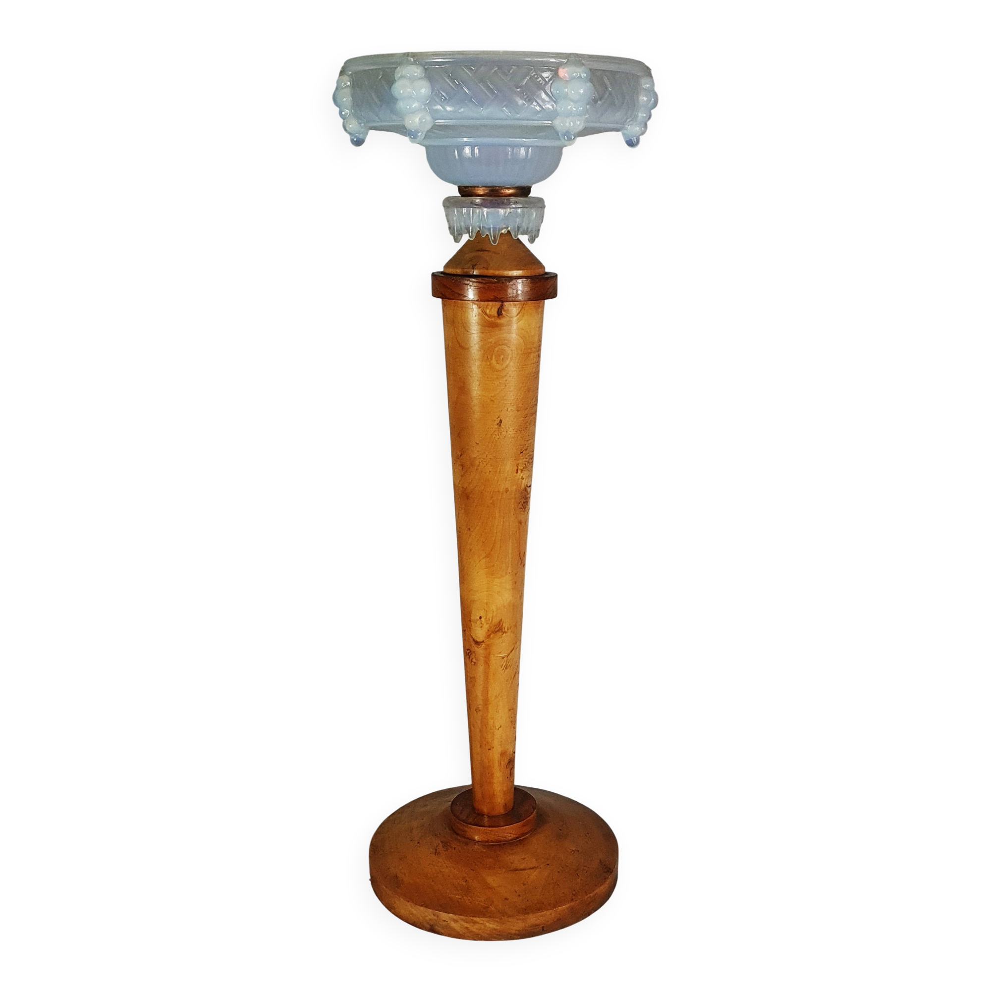 Antique opalescent glass and wood lamp, attributed to Ezan, 61 cm, C786