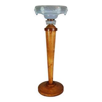 Ancienne lampe verre opalescent & bois, attribué à Ezan 61 cm C786