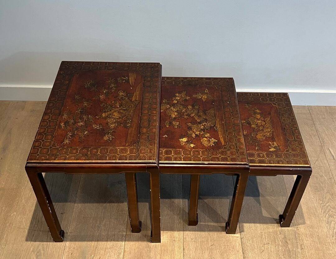 Set of Three Lacquered Nesting Tables with Chinese Decorations, France circa 19