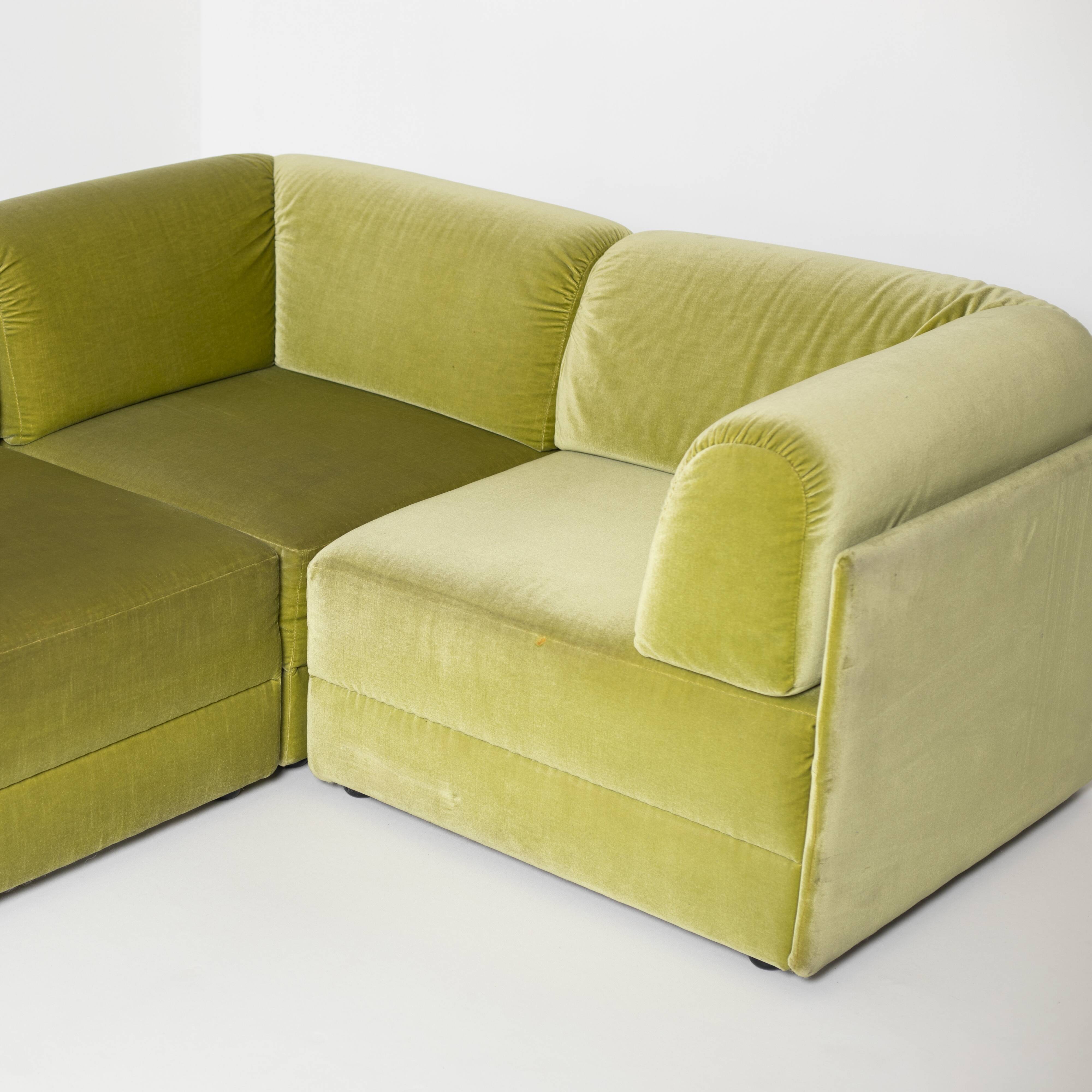 70s style 6-piece modular sofa in green velvet, Germany, circa 1990s