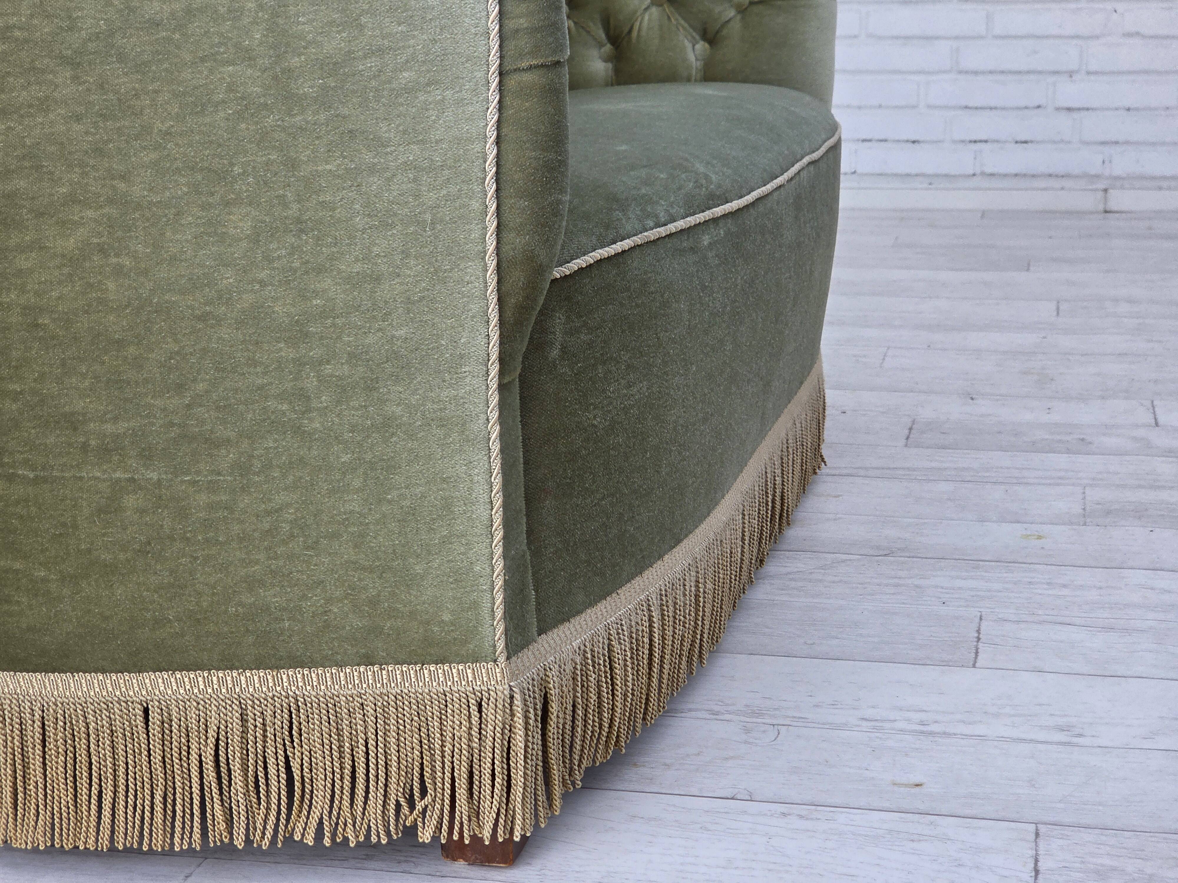1960s, Danish 2-seater sofa, light green furniture velour, ash wood.