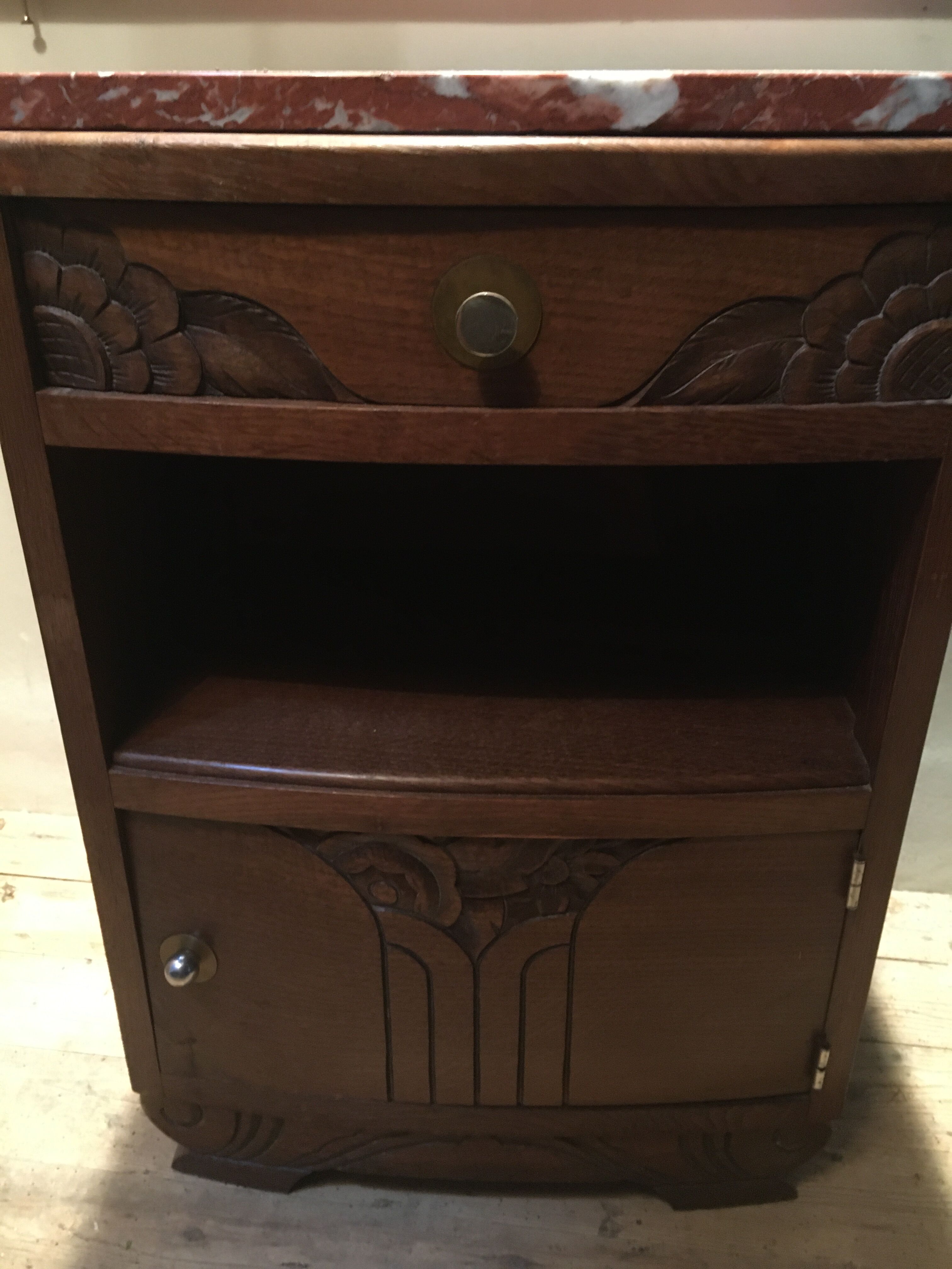 Solid oak bedside table with brown and white marble.
