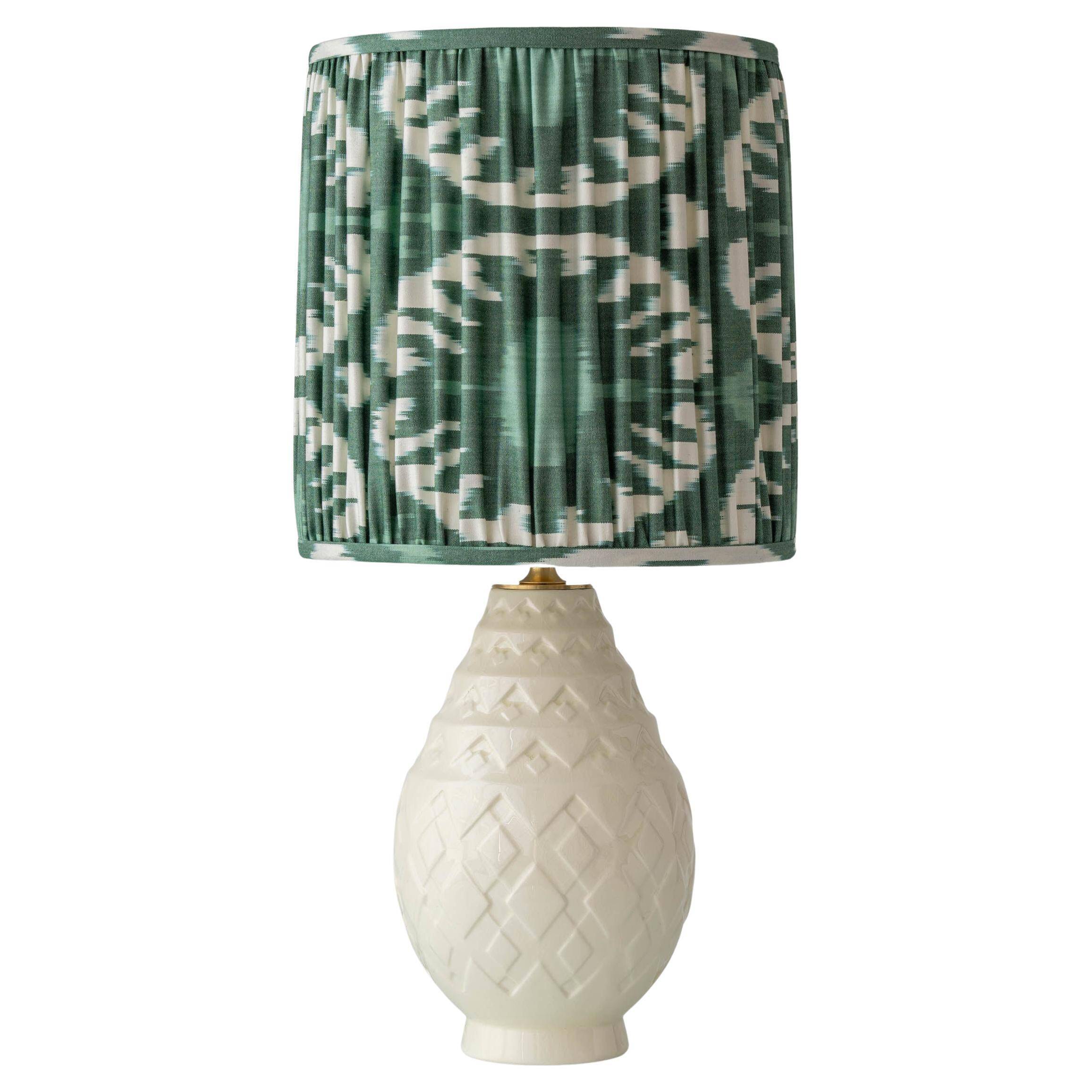 Art Deco table lamp by Charles Catteau for Boch Frères "Pineapple" with new Ikat silk shade.
