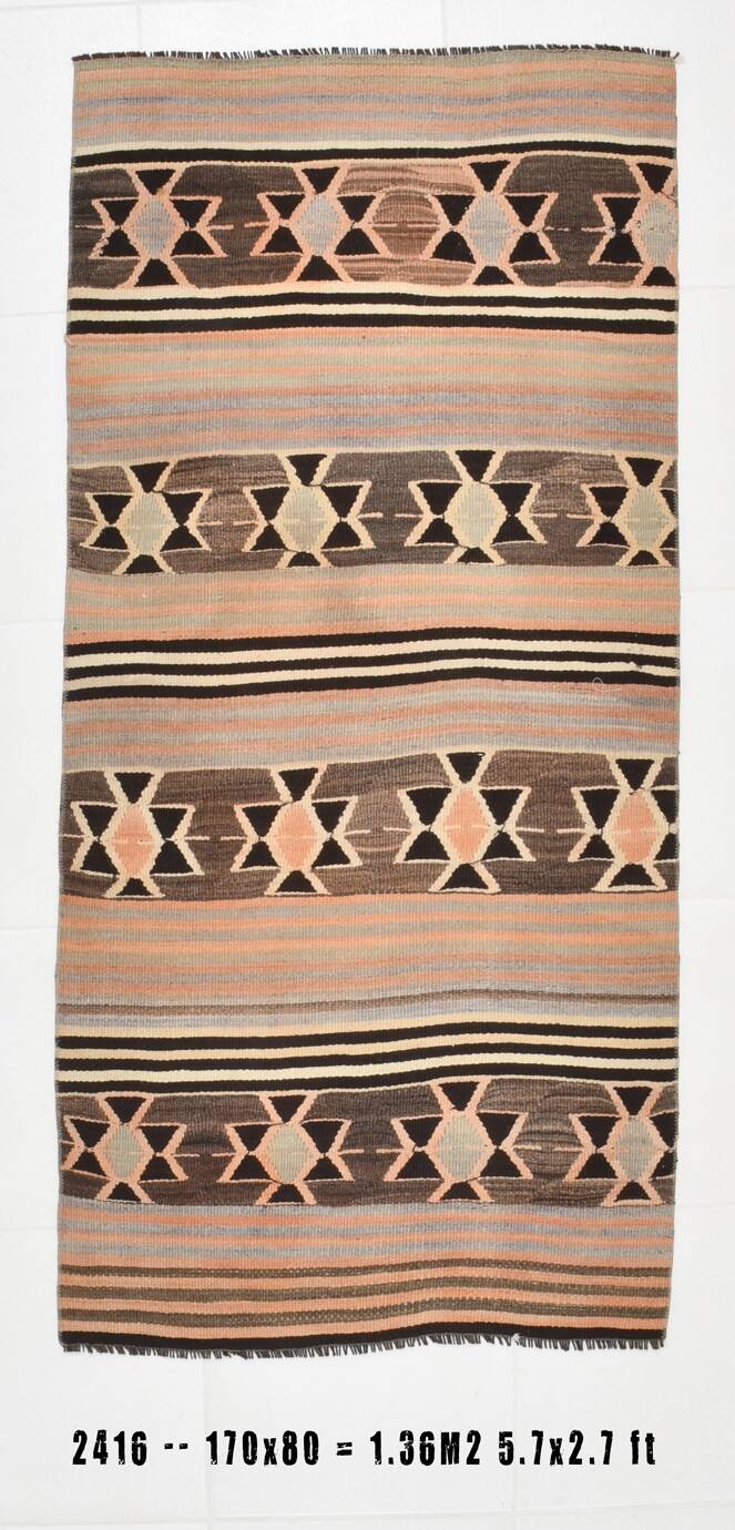 2x5 Salmon Brown Geometric Kilim Rug, 80x170Cm