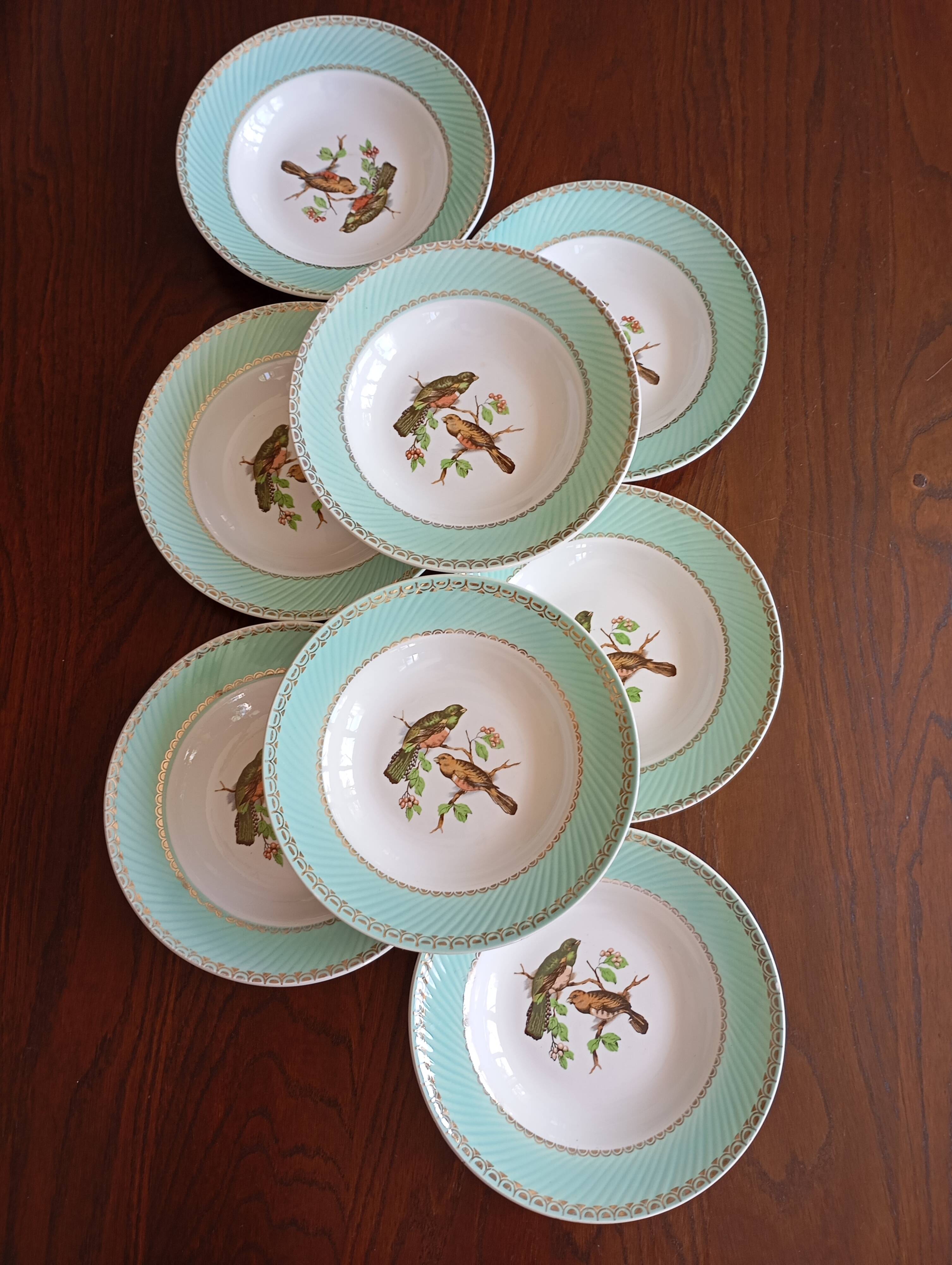 8 soup plates Fenal Badonviller "Birds" vintage 1950s