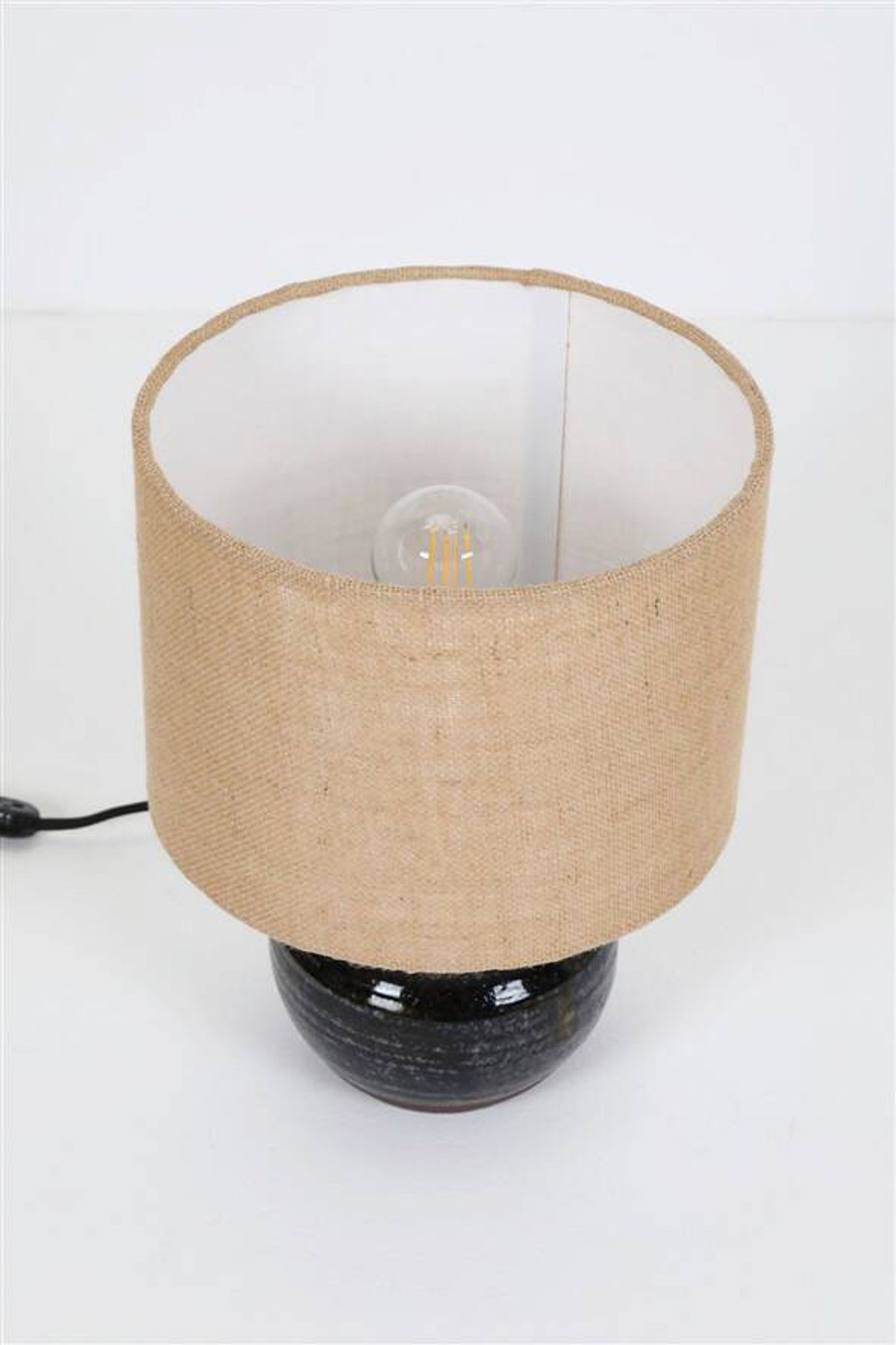 Rare, handcrafted Robert “Rob” Bentsen ceramic table lamp with a jute lampshade / Mid-century Danish modern design / 1960s / 1970s