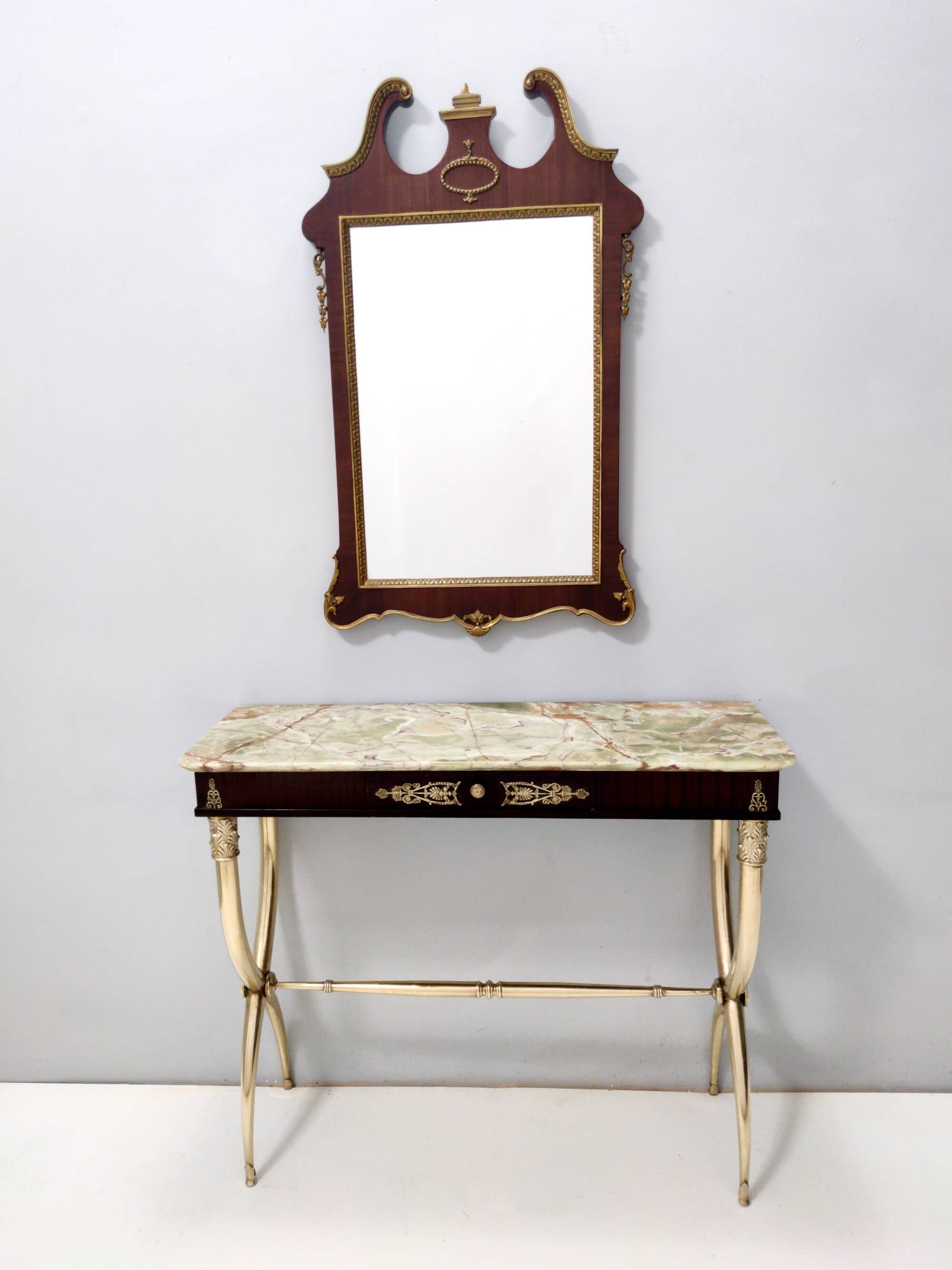 Wall Mirror with Ebonized Beech Frame and Cast Brass Details, Italy