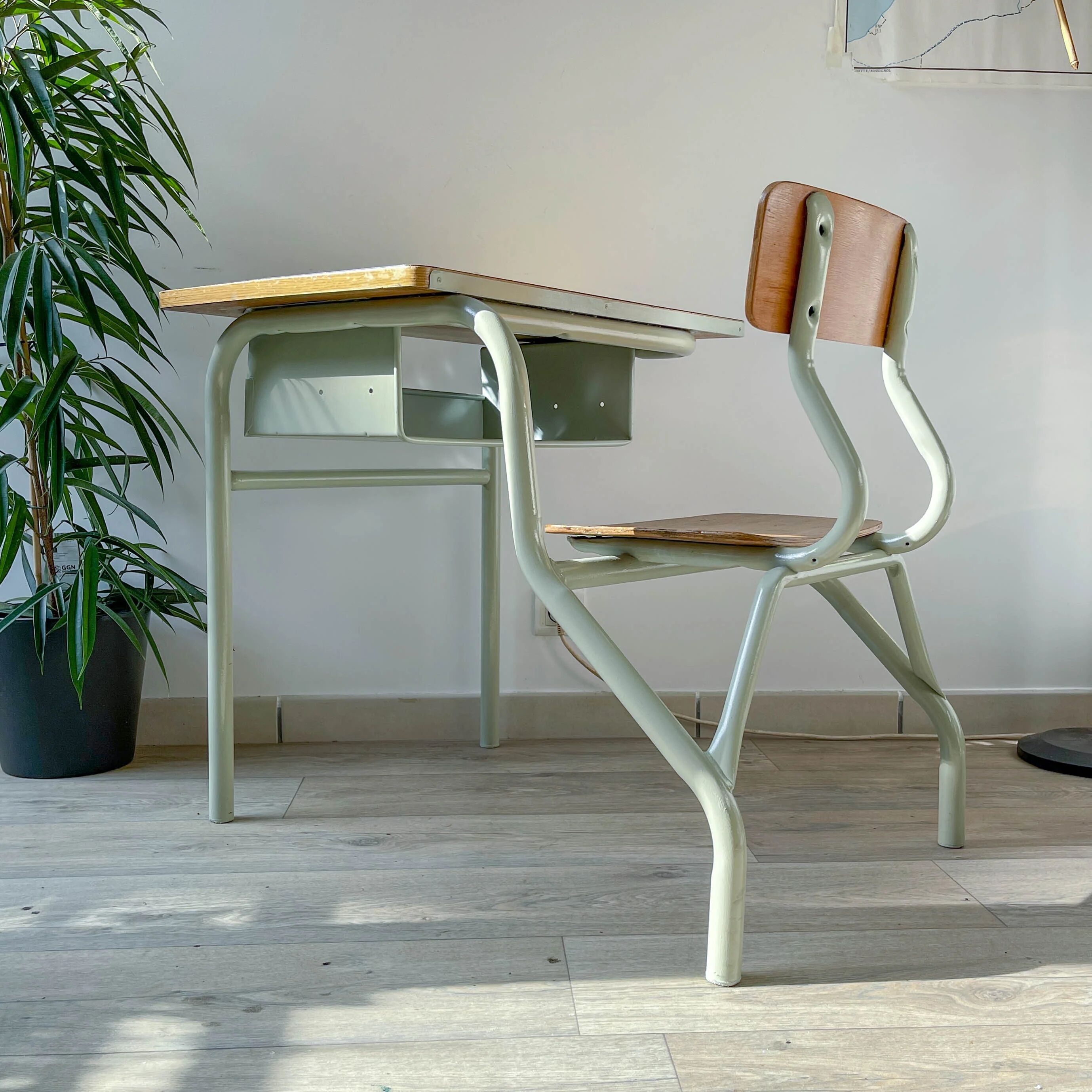 Vintage 1960s school desk – Antique wooden and metal aqua green desk – Retro school furniture – Vintage children's desk