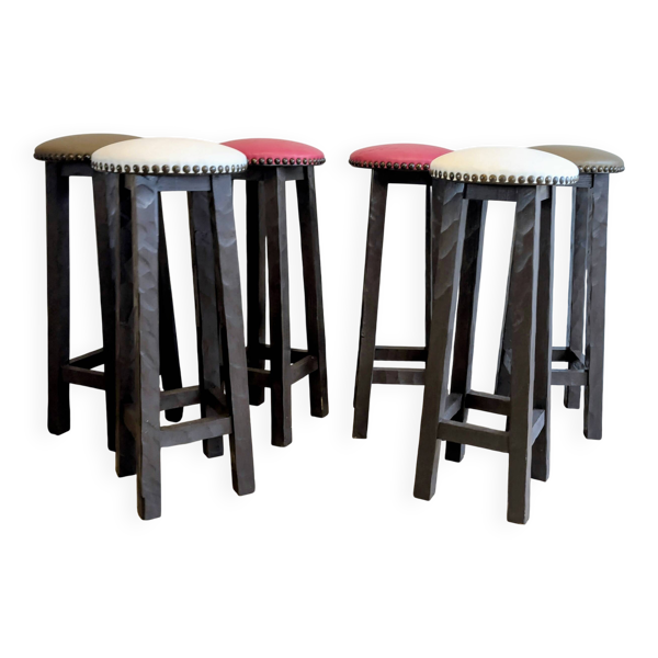 Lot de 6 tabourets de bar en bois — esprit bistrot & bois patiné