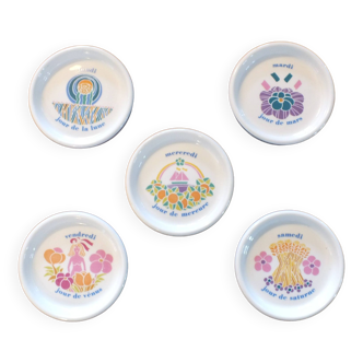 5 coupelles porcelaine de Paris Jours de la semaine signes zodiaque 70's