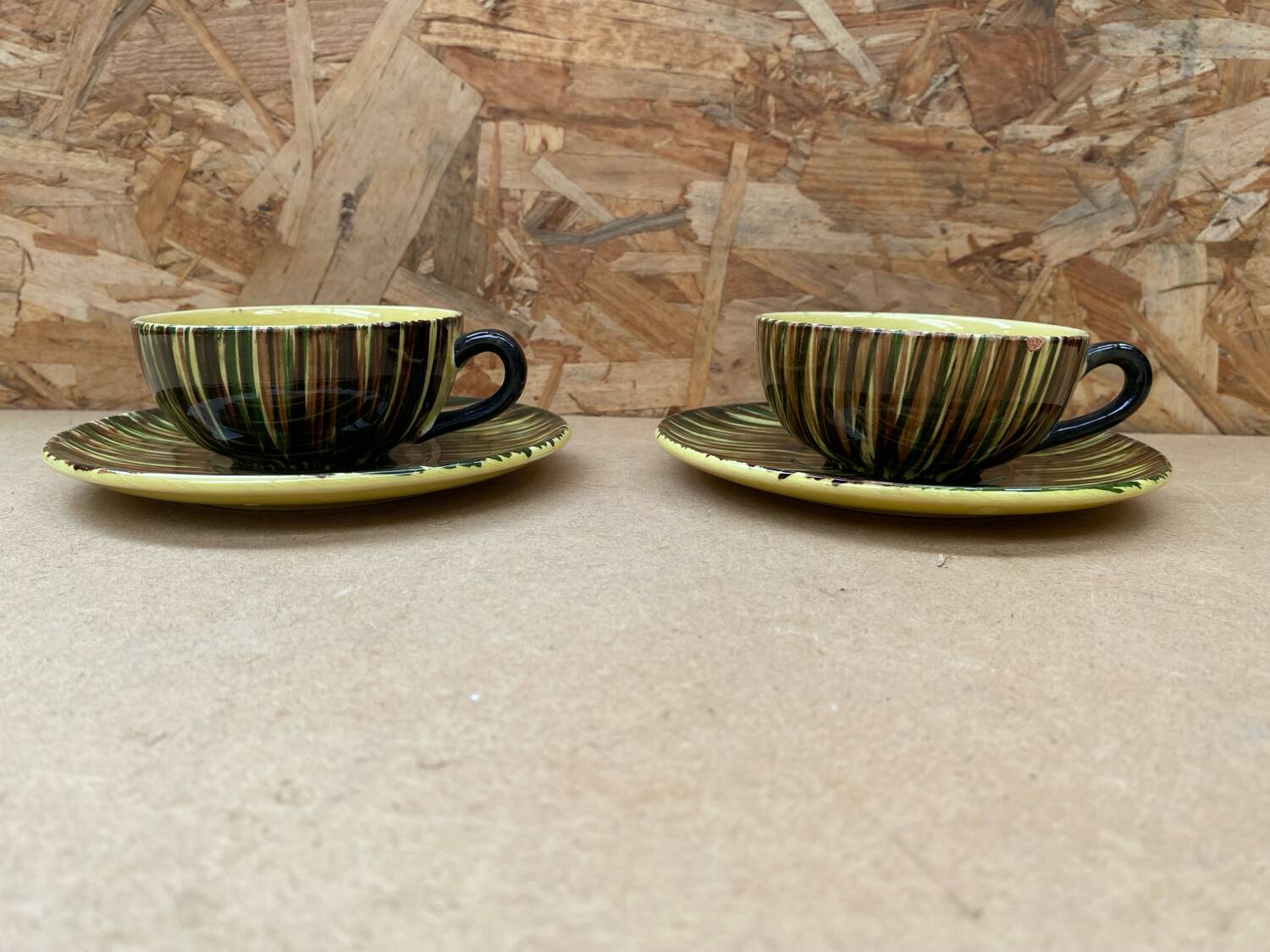 Pair of antique st clement safari ceramic yellow vintage mugs